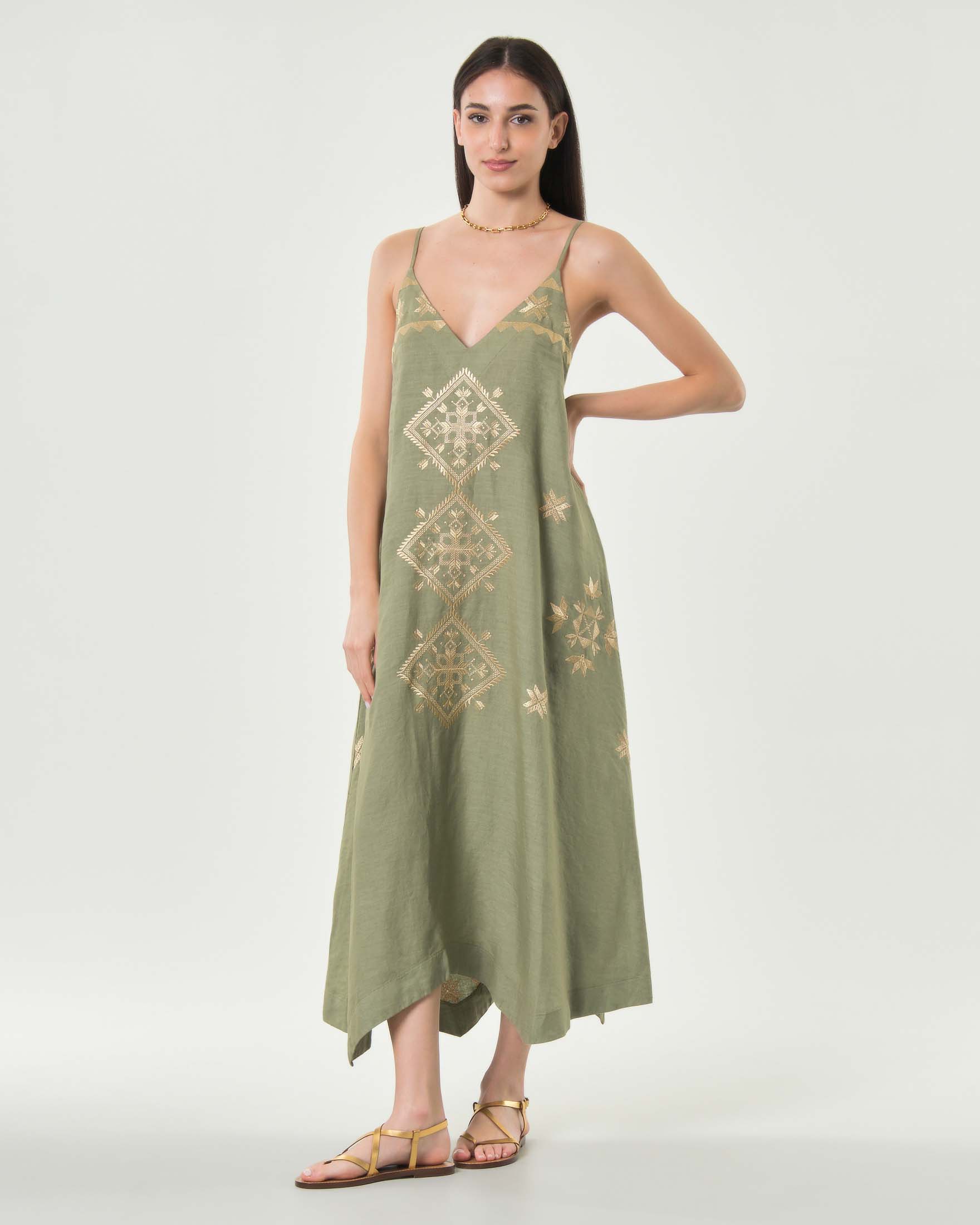 Abito midi militare ricamato in lino con scollo a V e maniche tre quarti a kimono