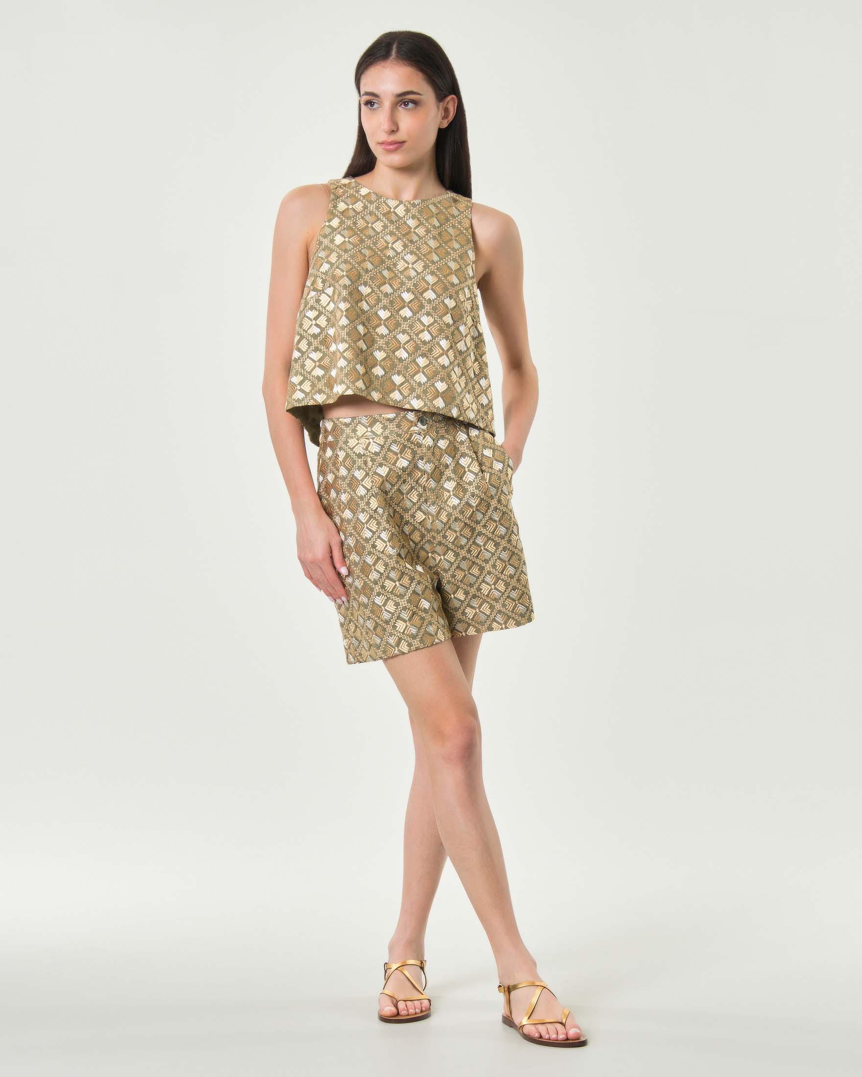 Shorts Greek Archaic Kori militari in puro ramié con ricami oro geometrici e vita alta
