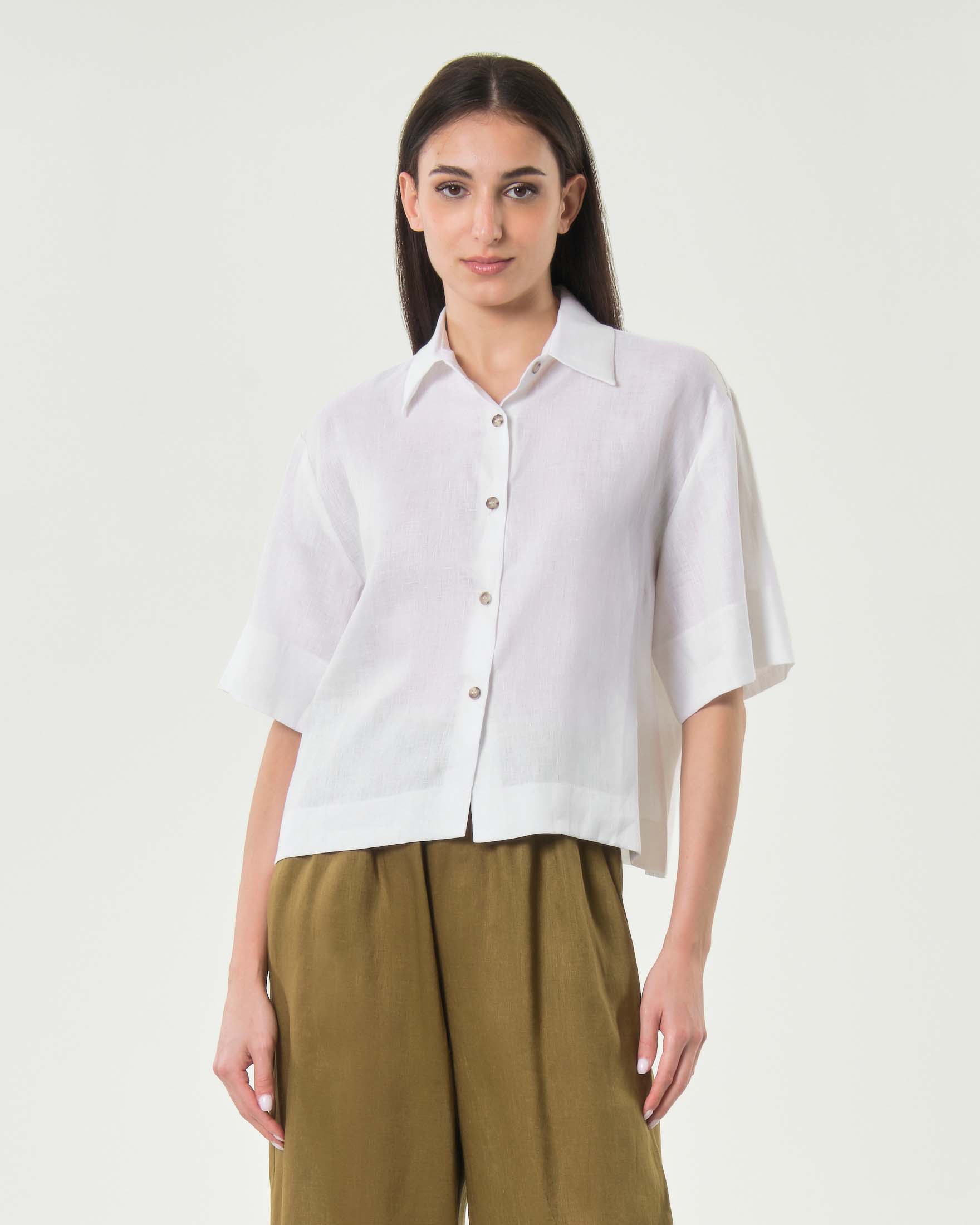 Camicia boxy Greek Archaic Kori bianca in puro lino a mezze maniche