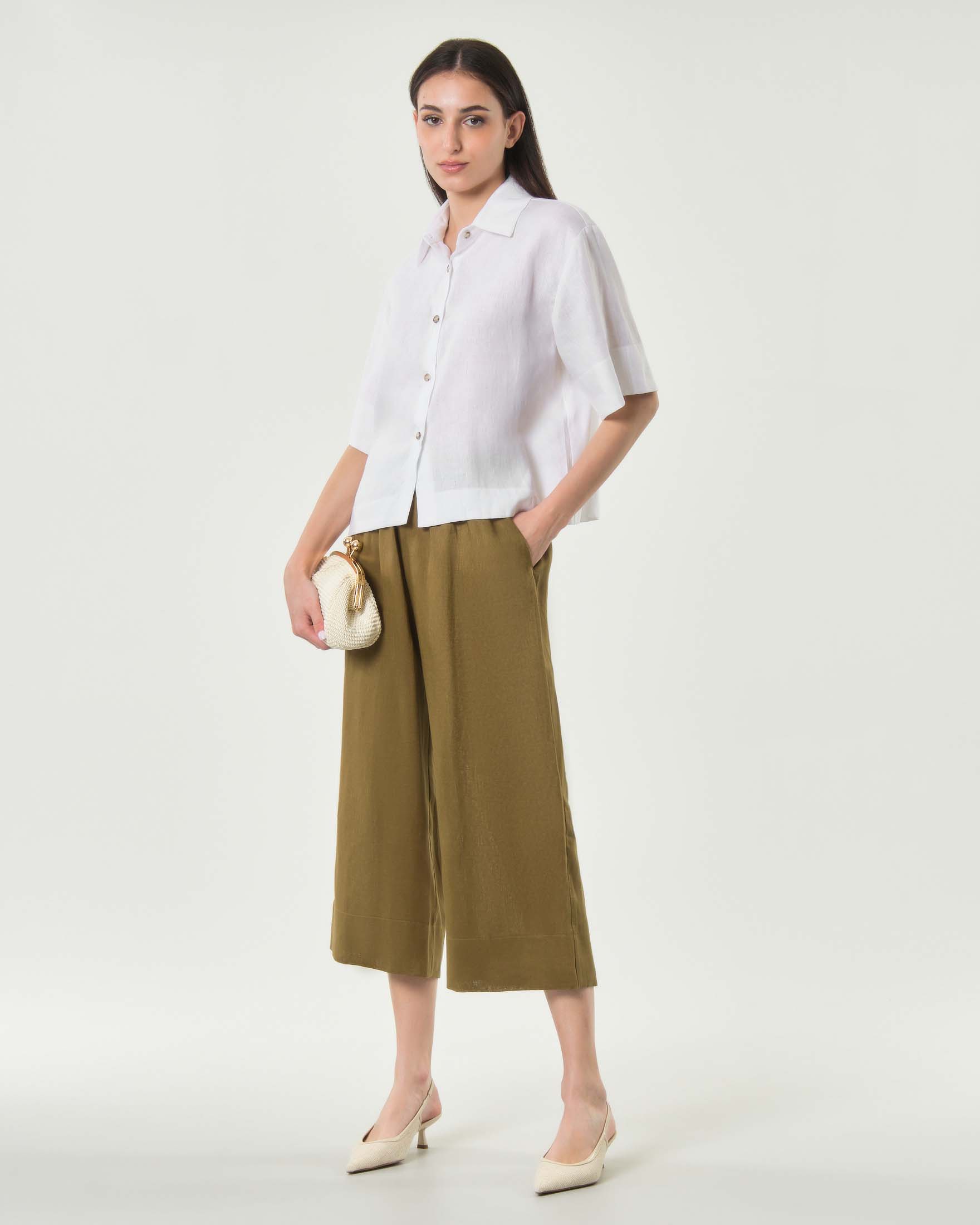 Camicia boxy Greek Archaic Kori bianca in puro lino a mezze maniche image