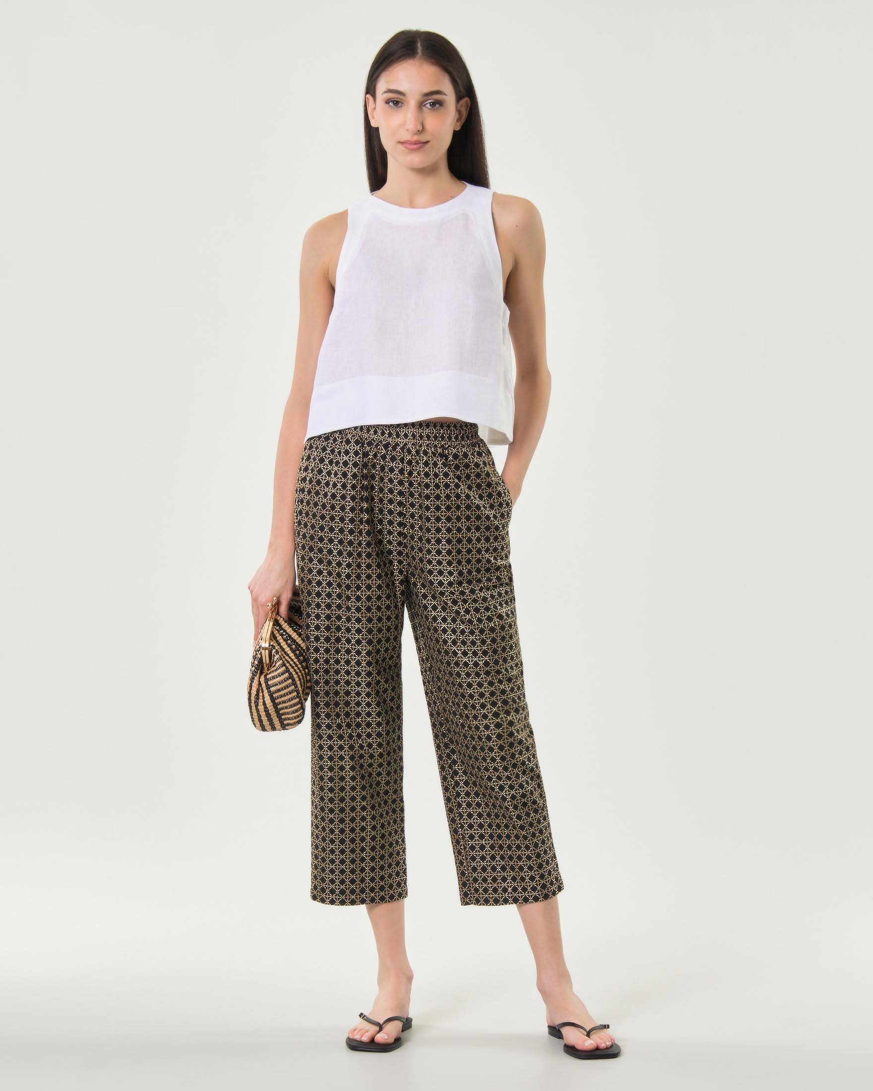 Pantaloni cropped Greek Archaic Kori neri in jacquard di cotone con ricami dorati e tasche laterali