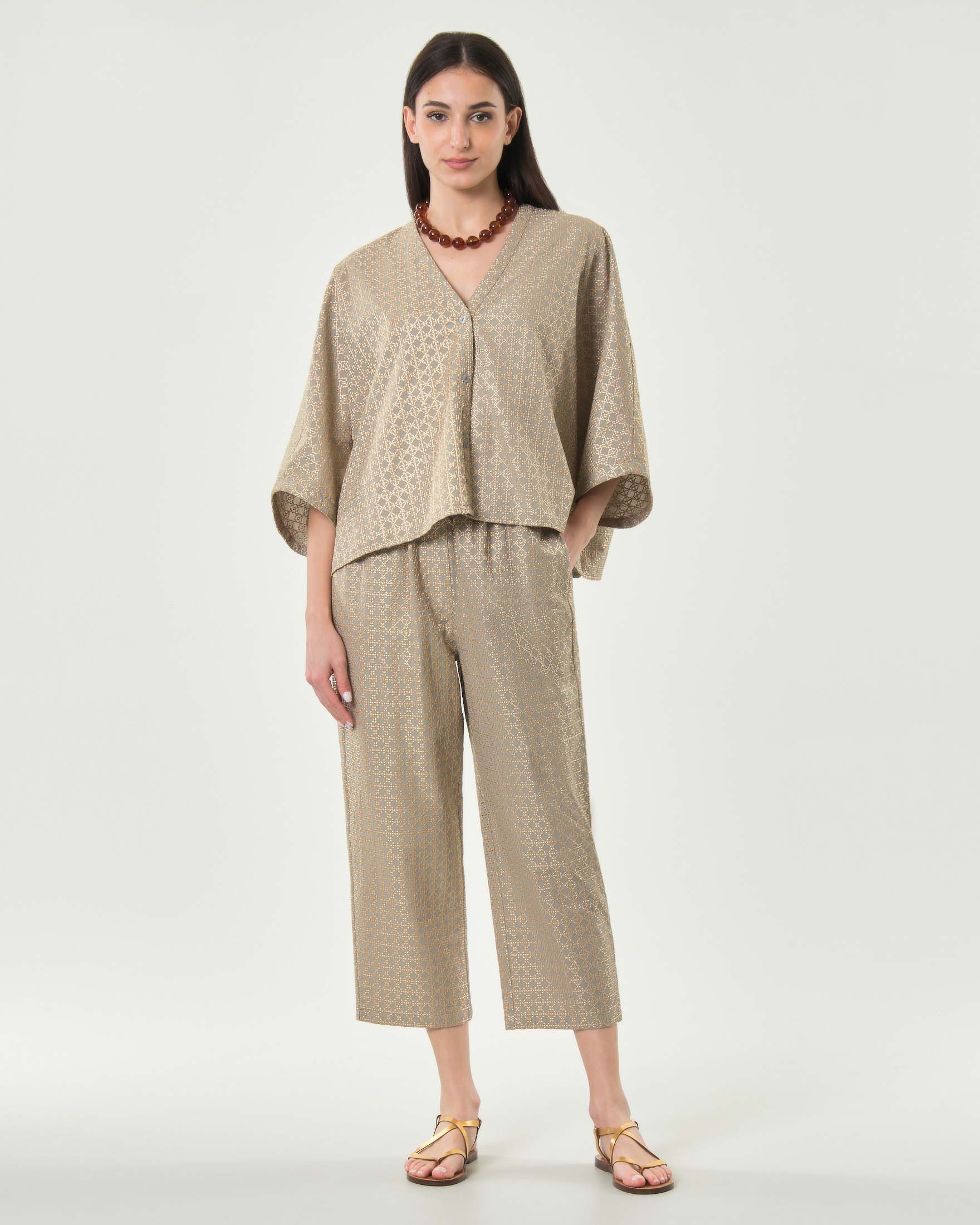 Pantaloni cropped Greek Archaic Kori grigi in jacquard di cotone con ricami dorati e tasche laterali
