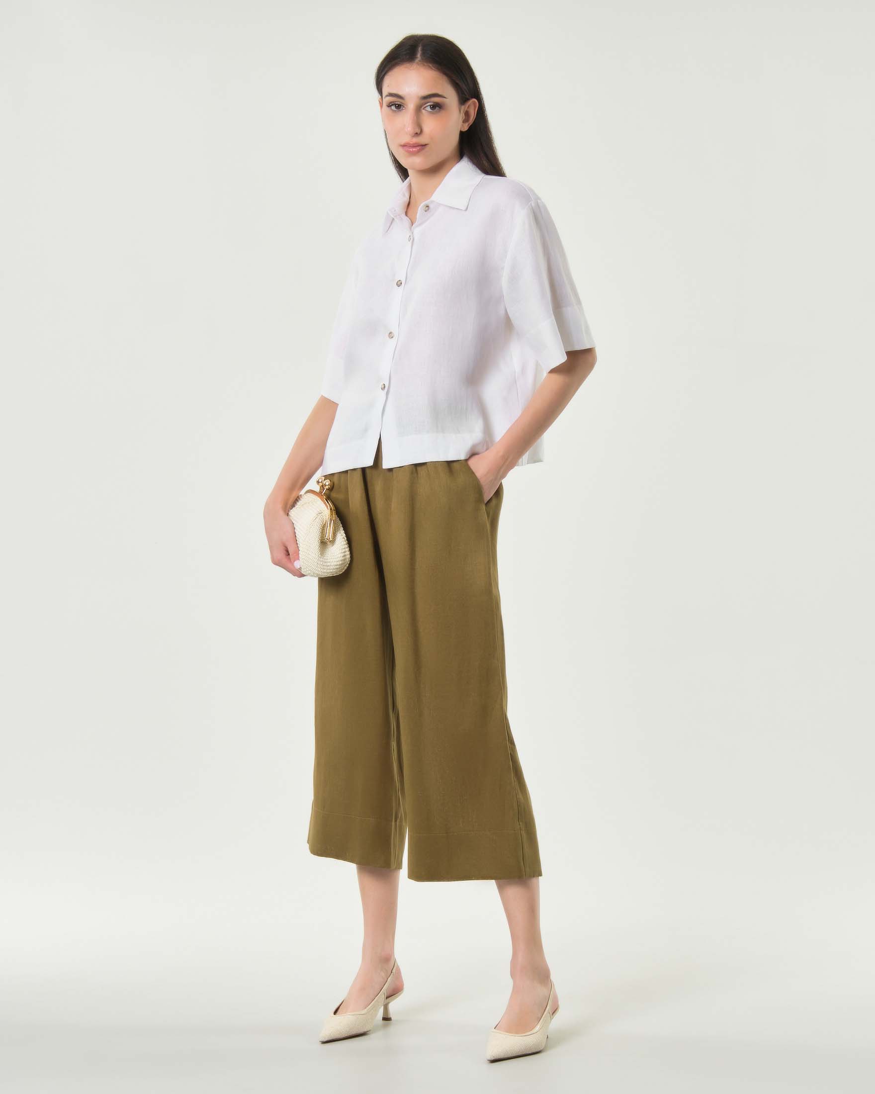 Pantaloni cropped Greek Archaic Kori militari in puro lino con tasche laterali e vita elasticizzata