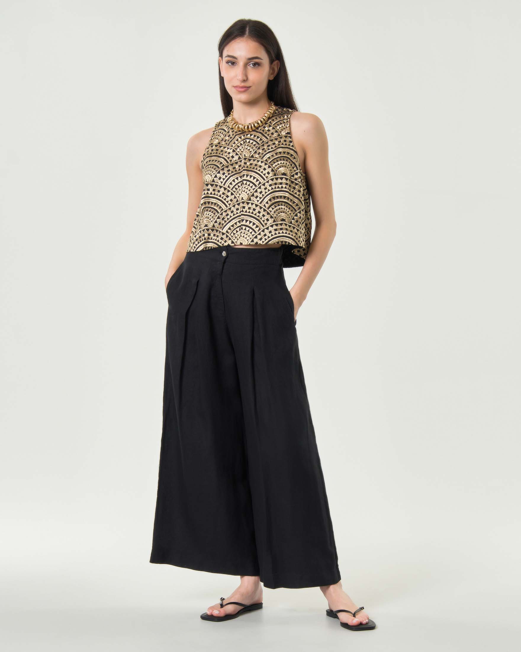 Pantaloni a palazzo Greek Archaic Kori neri con pinces e chiusura con zip