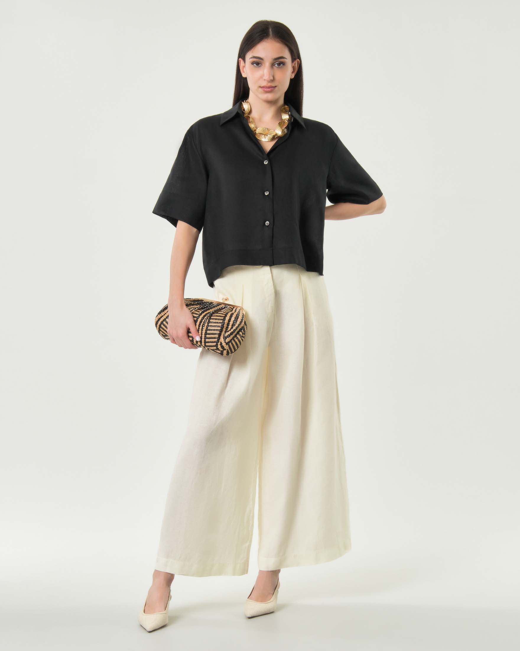 Pantaloni a palazzo Greek Archaic Kori avorio con pinces e chiusura con zip