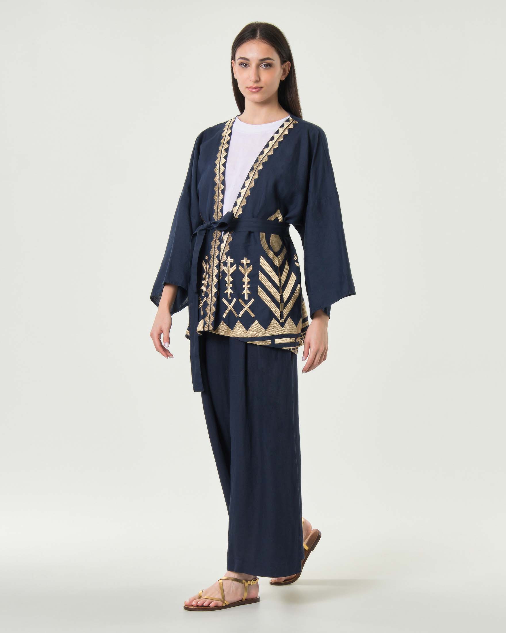 Pantaloni a palazzo Greek Archaic Kori blu con pinces e chiusura con zip