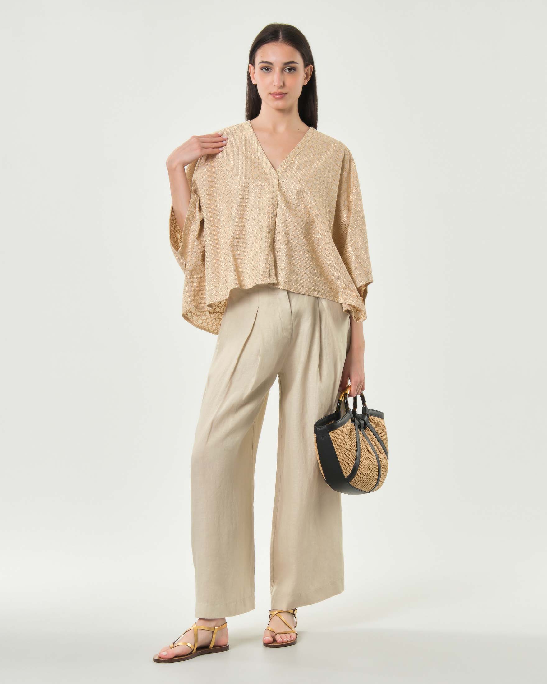 Pantaloni a palazzo Greek Archaic Kori beige con pinces e chiusura con zip