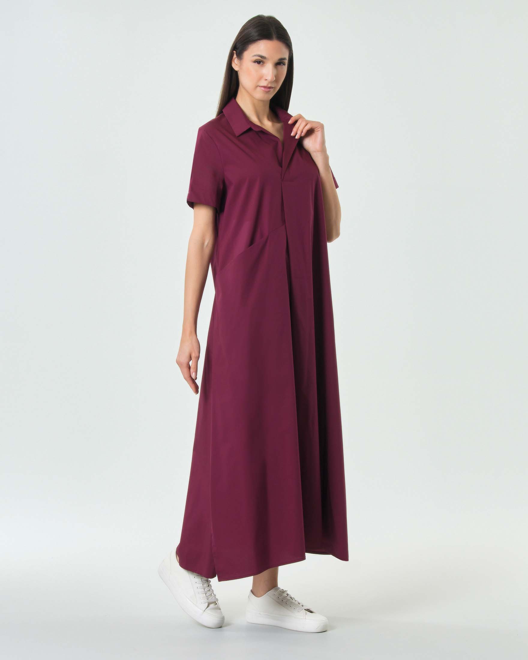 Jurerê — Abito lungo chemisier bordeaux Jurerê in cotone stretch con maniche corte e colletto a camicia