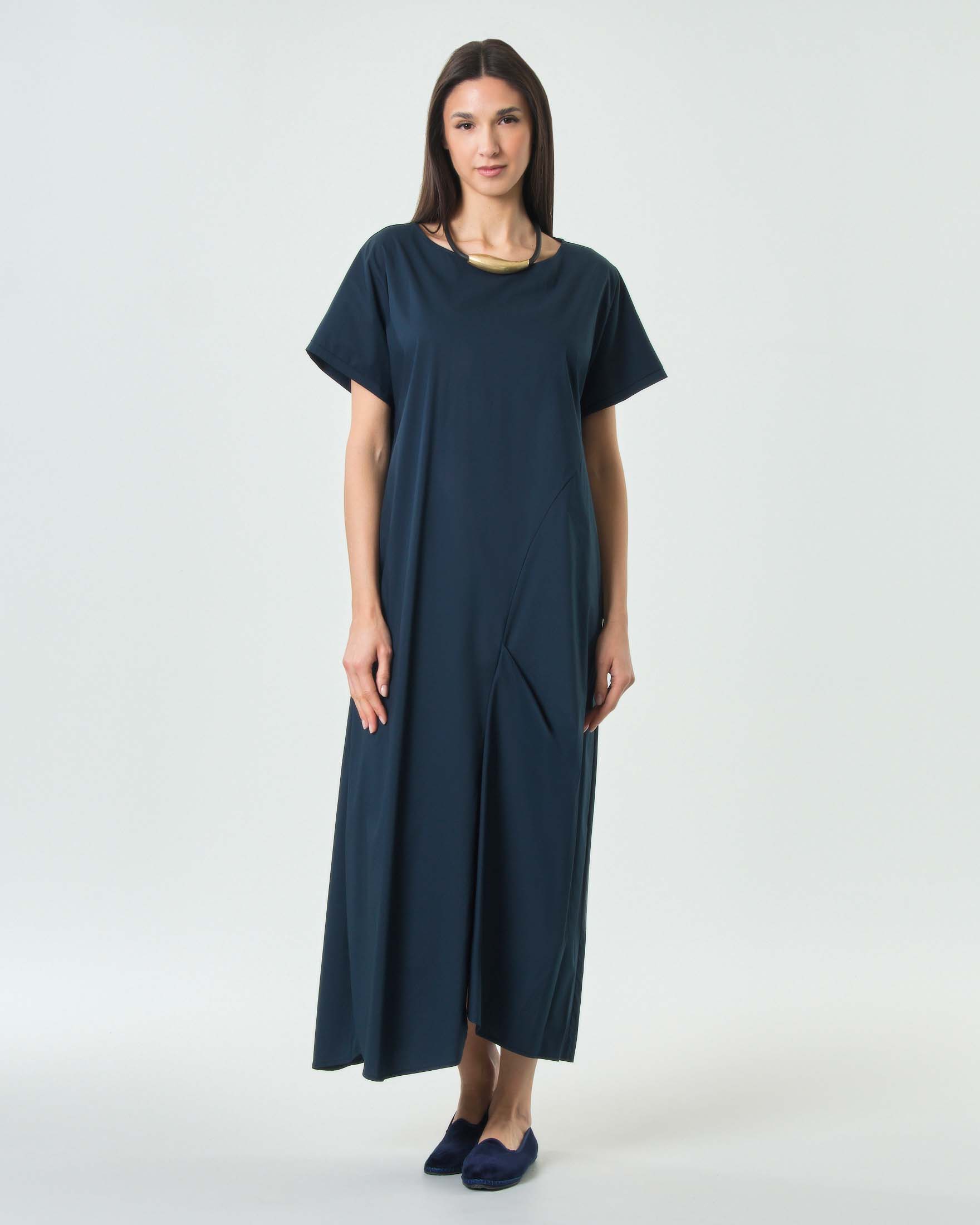 Abito lungo blu in popeline di cotone stretch con maniche corte
