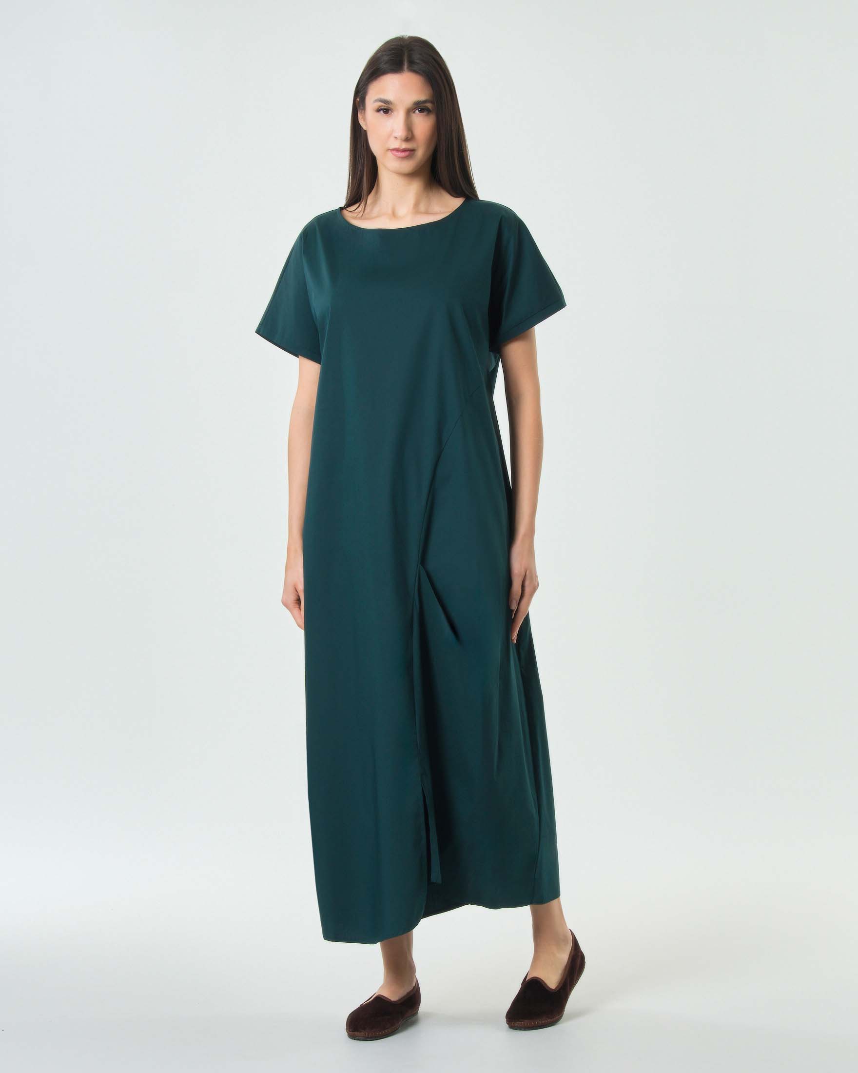 Abito lungo verde in popeline di cotone stretch con maniche corte