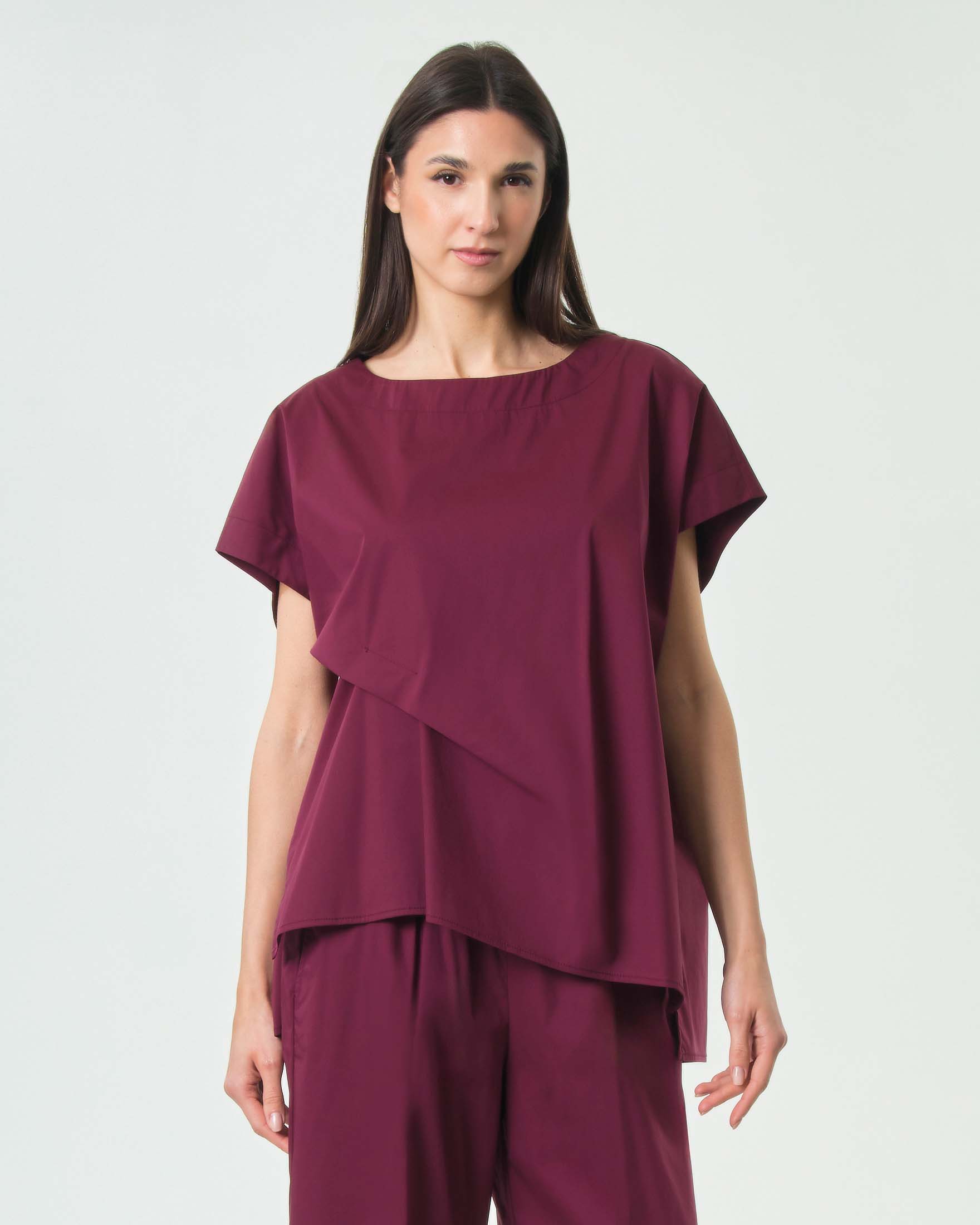 Blusa bordeaux Jurerê in popeline di cotone con maniche ad aletta