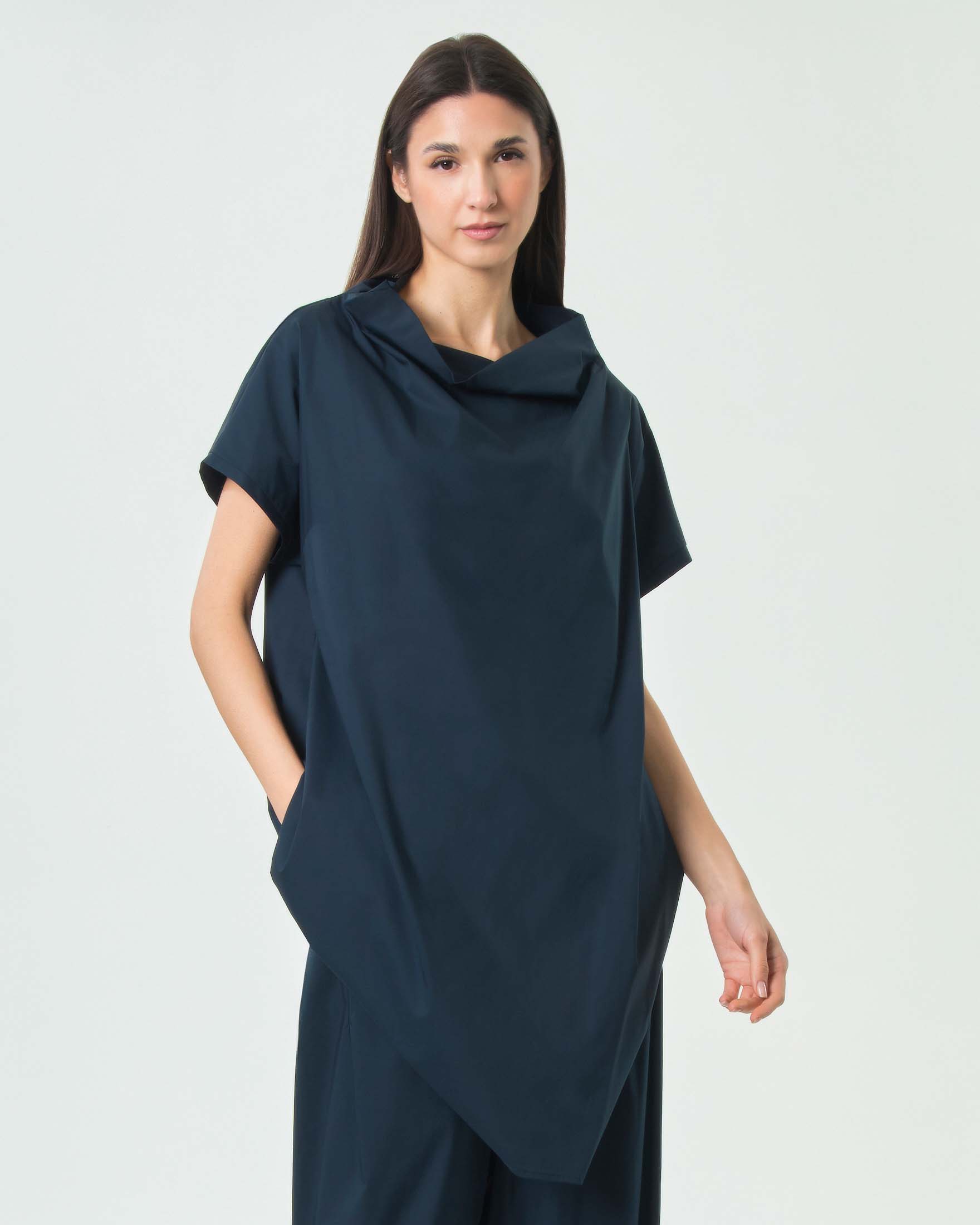Blusa blu Jurerê in popeline di cotone con maniche ad aletta e collo a cratere