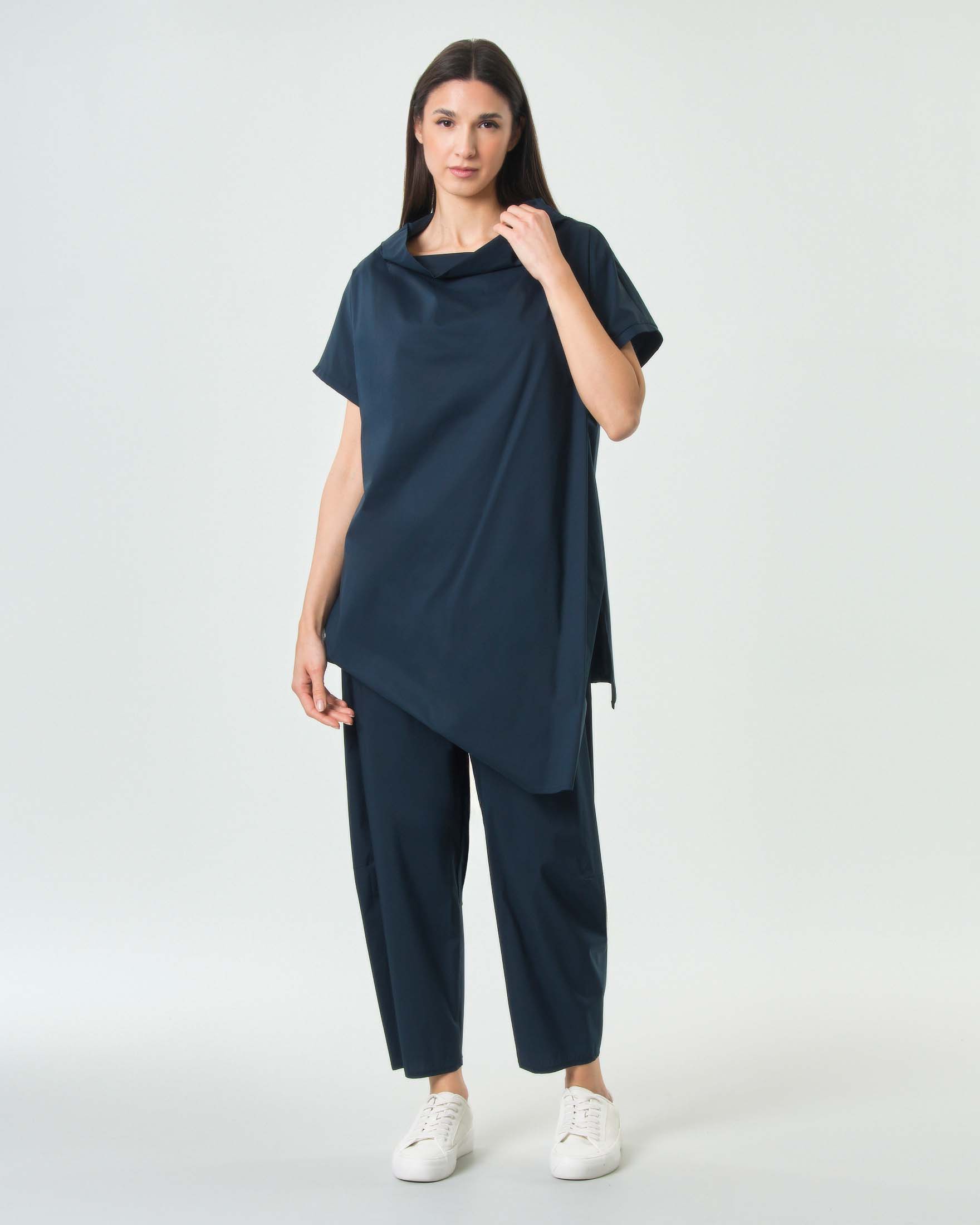 Pantaloni baloon blu Jurerê in popeline di cotone stretch con elastico inserito in vita