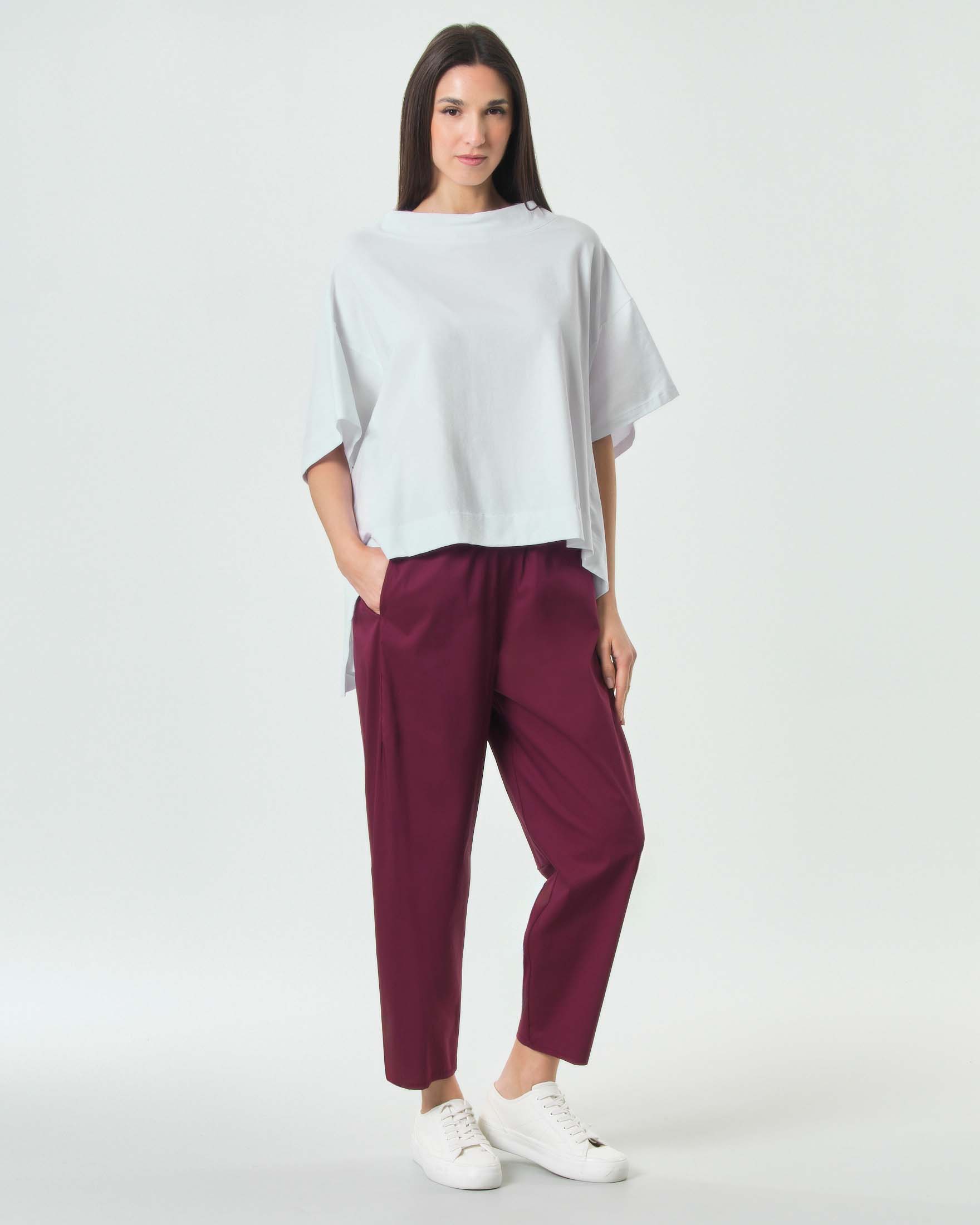Pantaloni baloon bordeaux Jurerê in popeline di cotone stretch con elastico inserito in vita