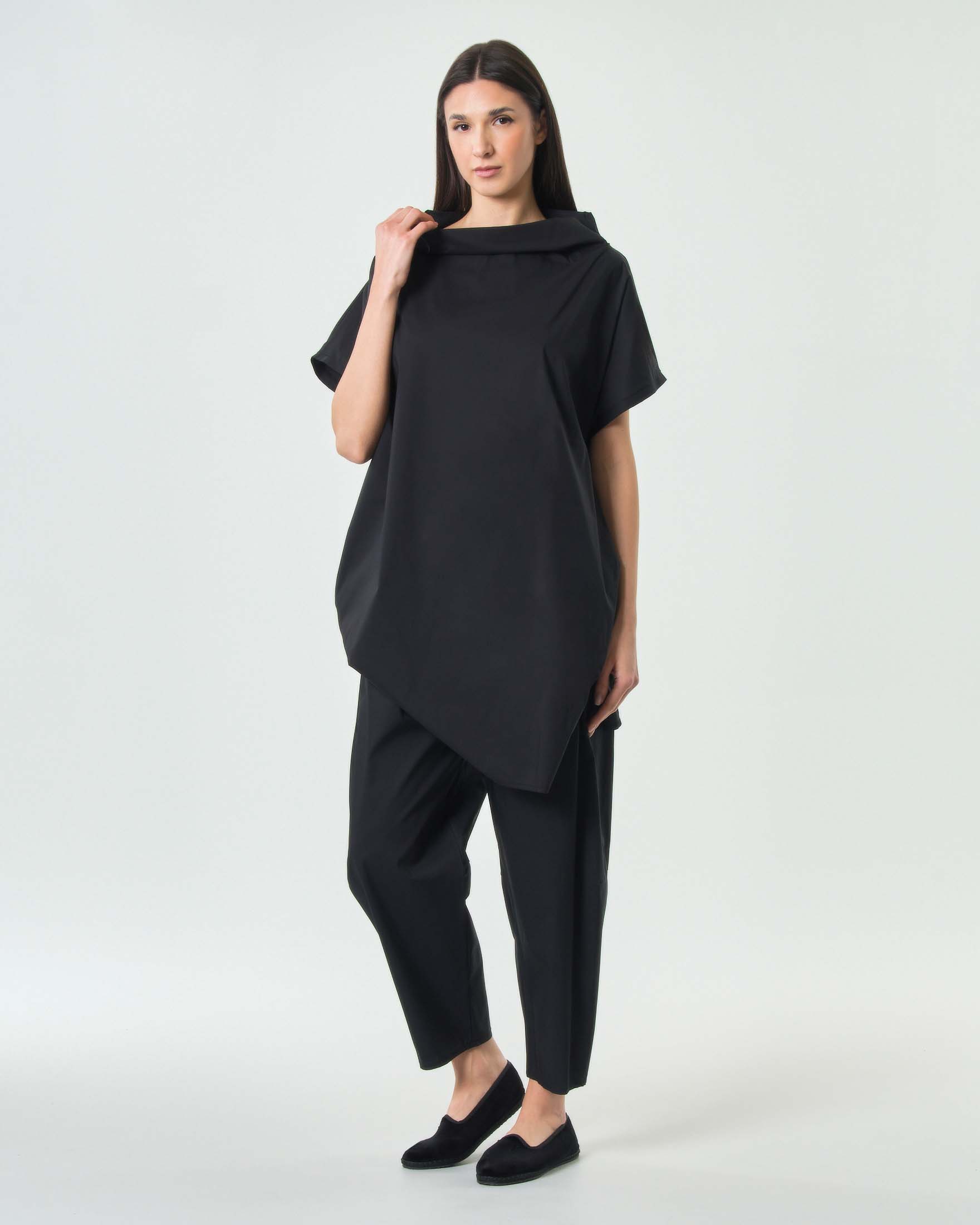 Pantaloni baloon nero Jurerê in popeline di cotone stretch con elastico inserito in vita