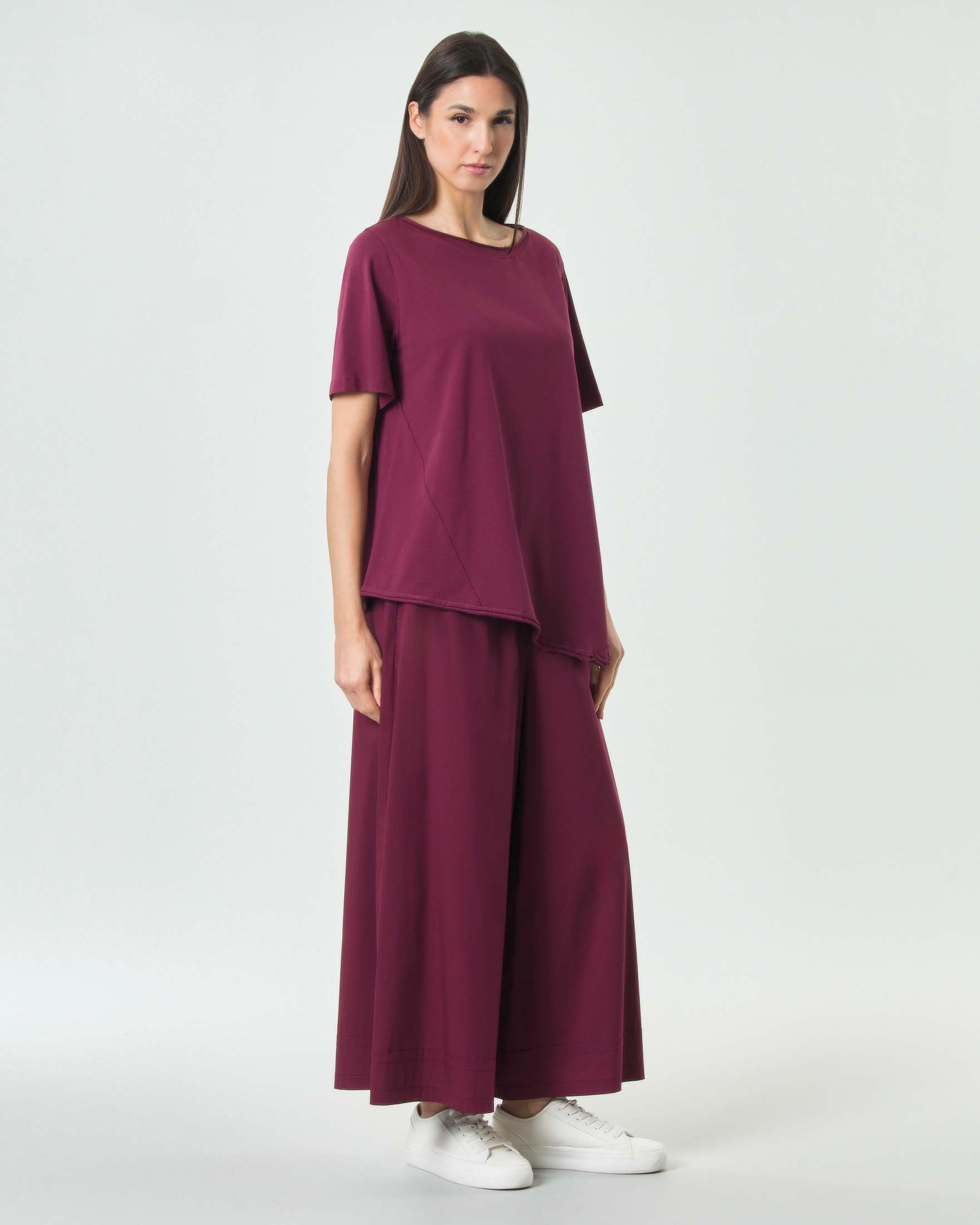 Pantaloni super wide bordeaux Jurerê in popeline di cotone con elastico in vita