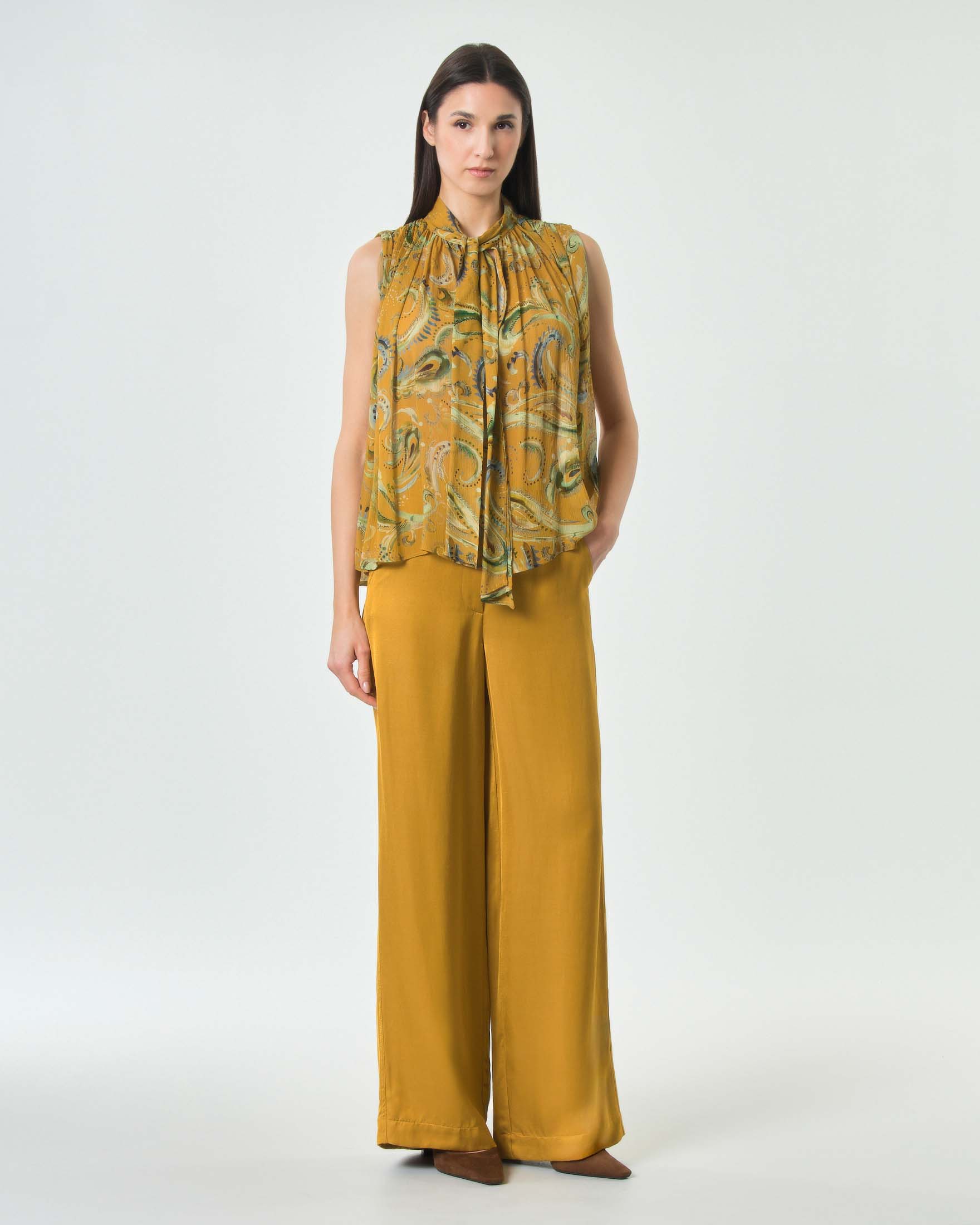Pantaloni palazzo Marella ocra in gabardine di misto viscosa