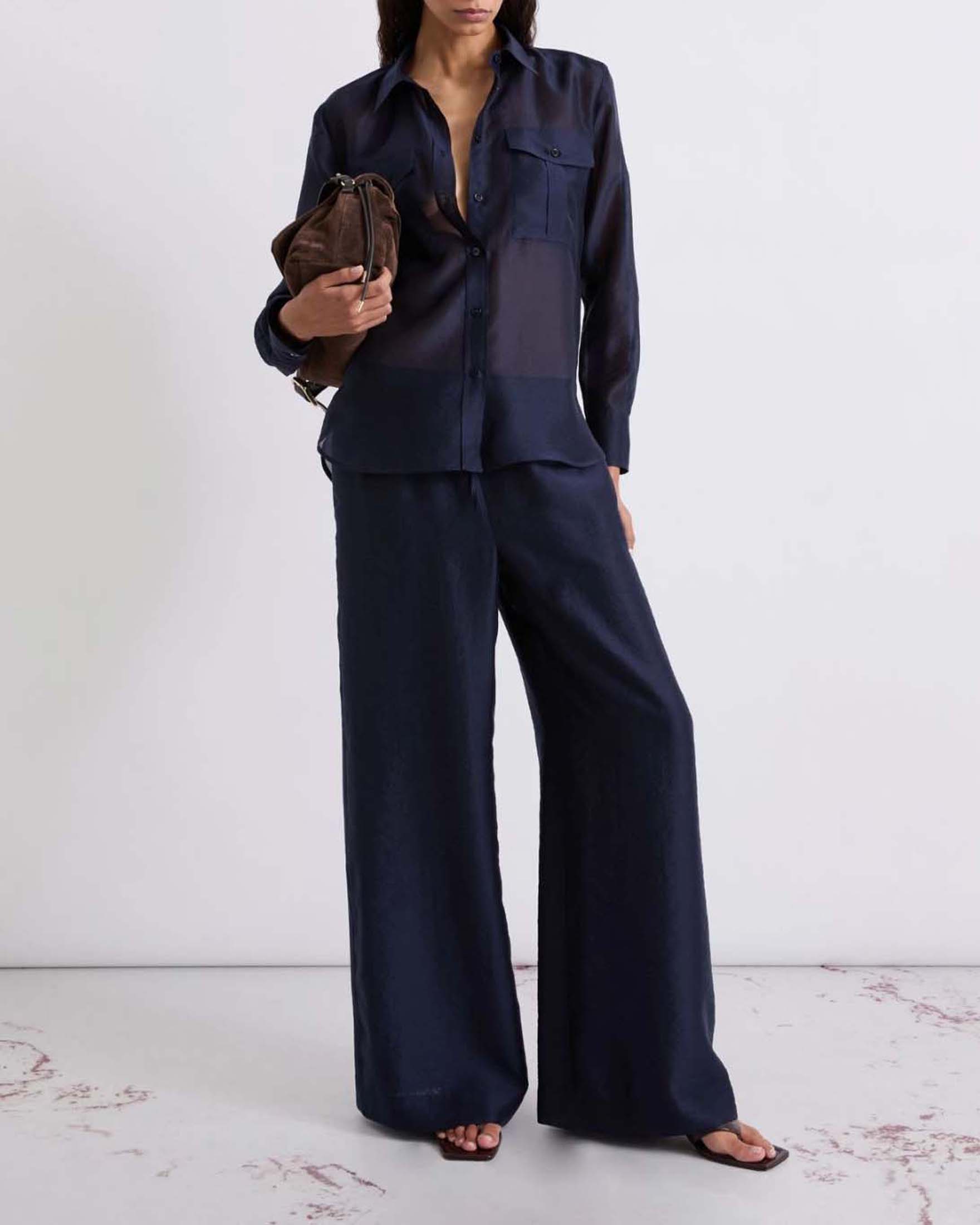 Pantaloni wide blu in organza di misto lyocell con vita elasticizzata e coulisse