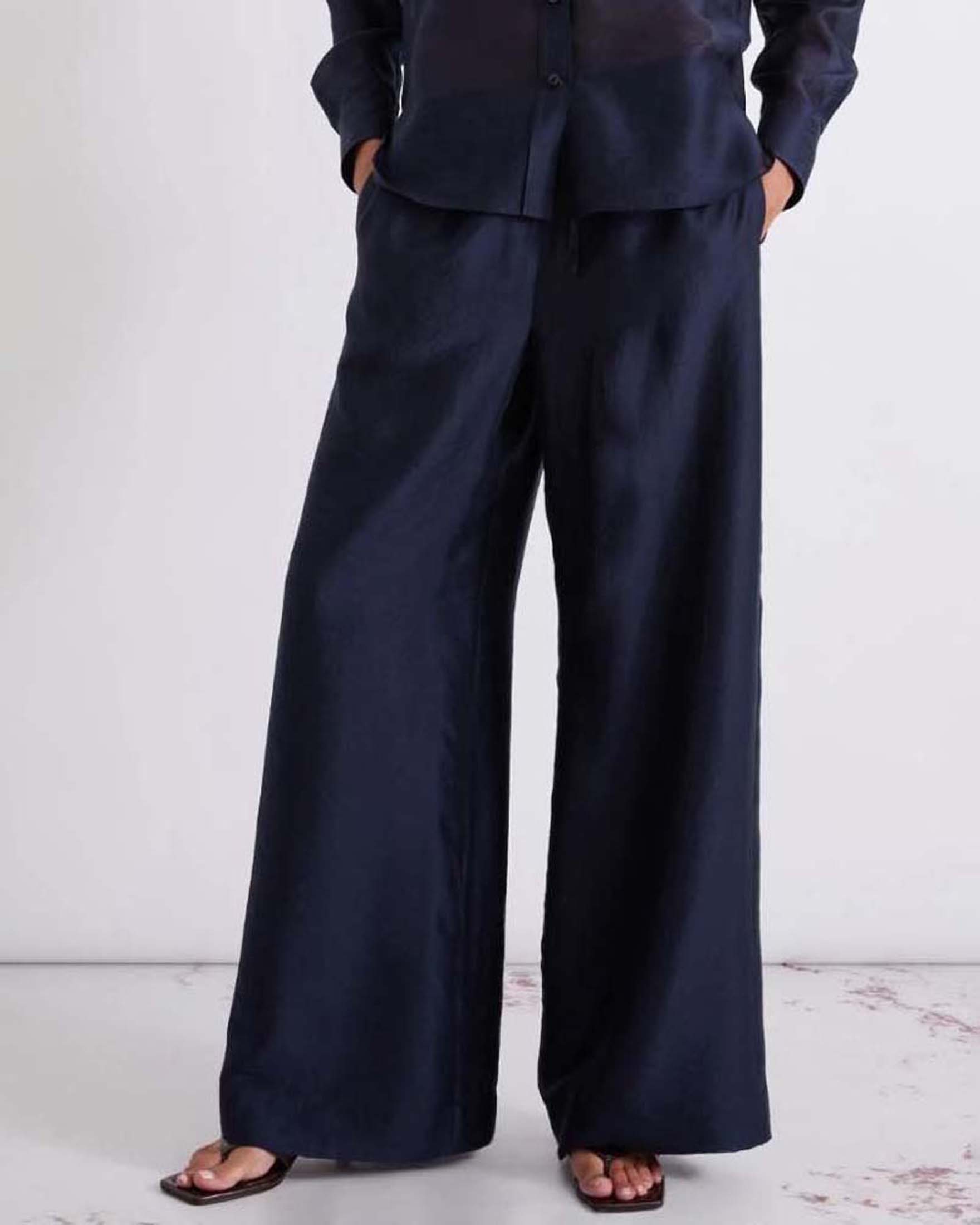 Pantaloni wide Marella blu in organza di misto lyocell con vita elasticizzata e coulisse image