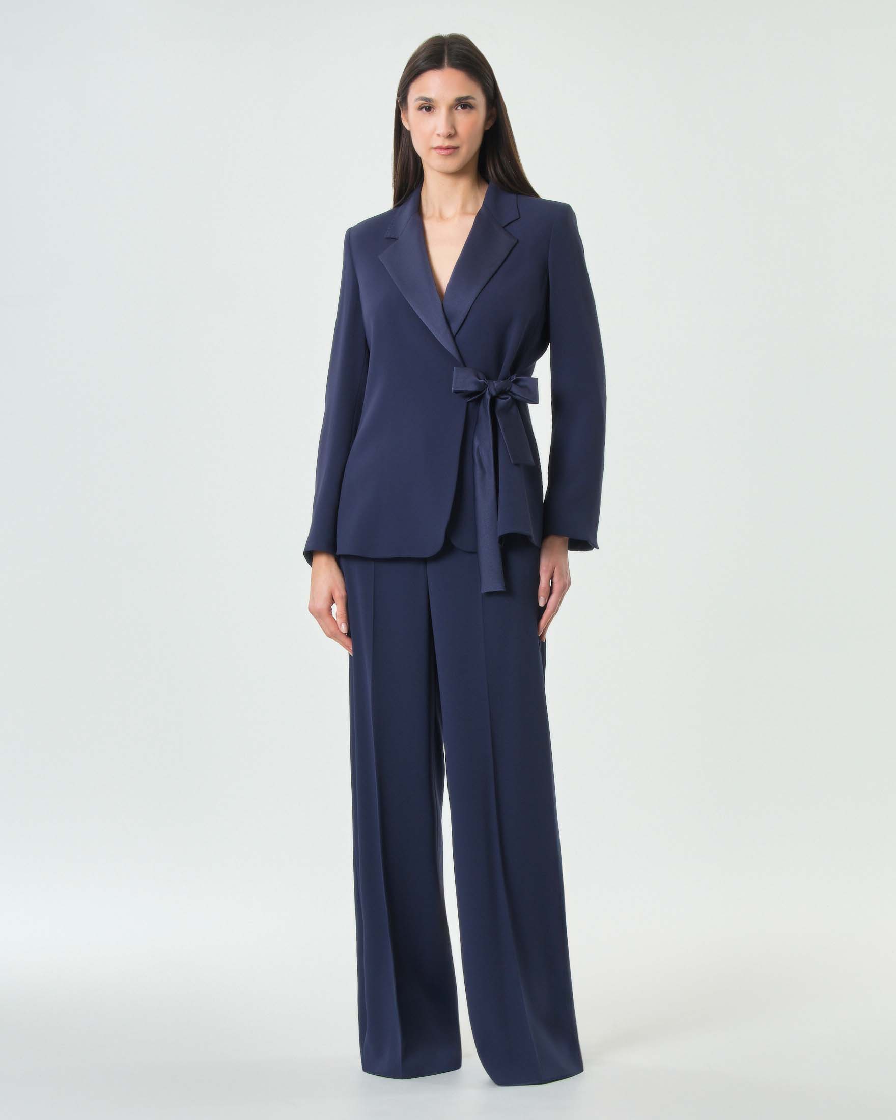 Pantaloni a palazzo Marella blu in crepe con piega fronte e retro e chiusura a zip