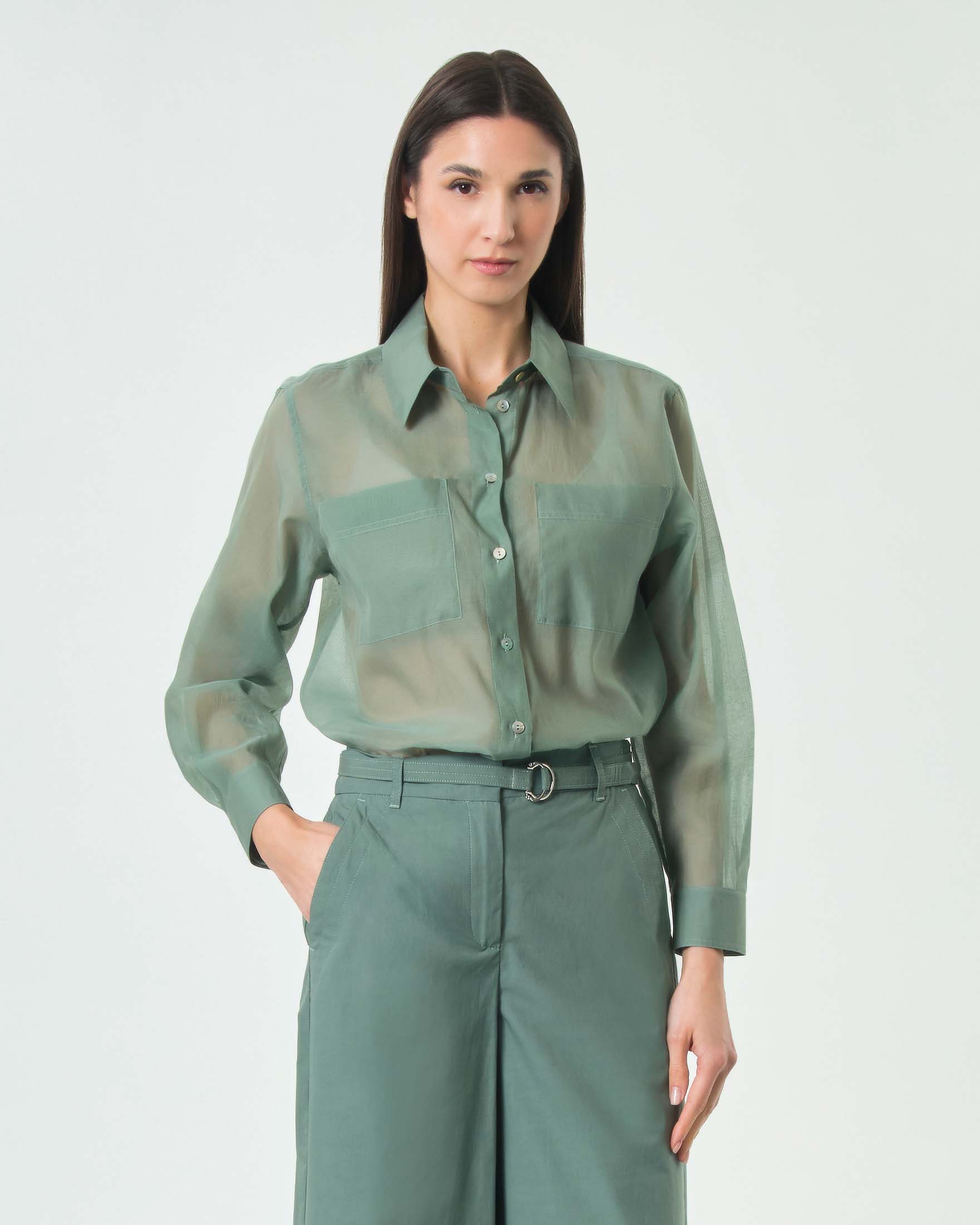 Camicia color salvia Monochrome in mussola di misto cotone e seta con tasche applicate sul petto