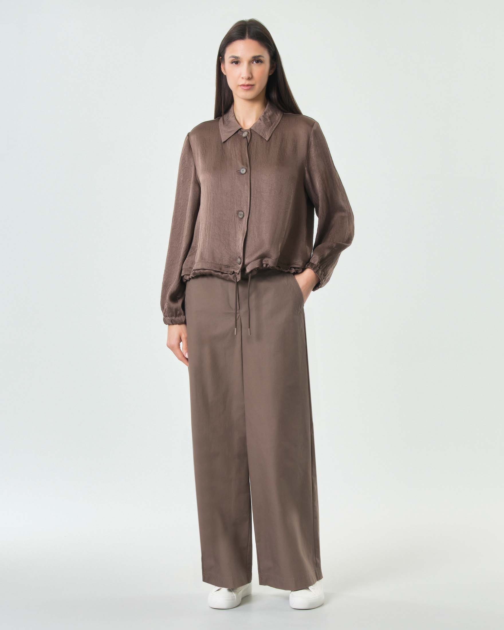 Pantaloni dritti Marella Monochrome color moro in puro cotone con cintura in tessuto abbinato