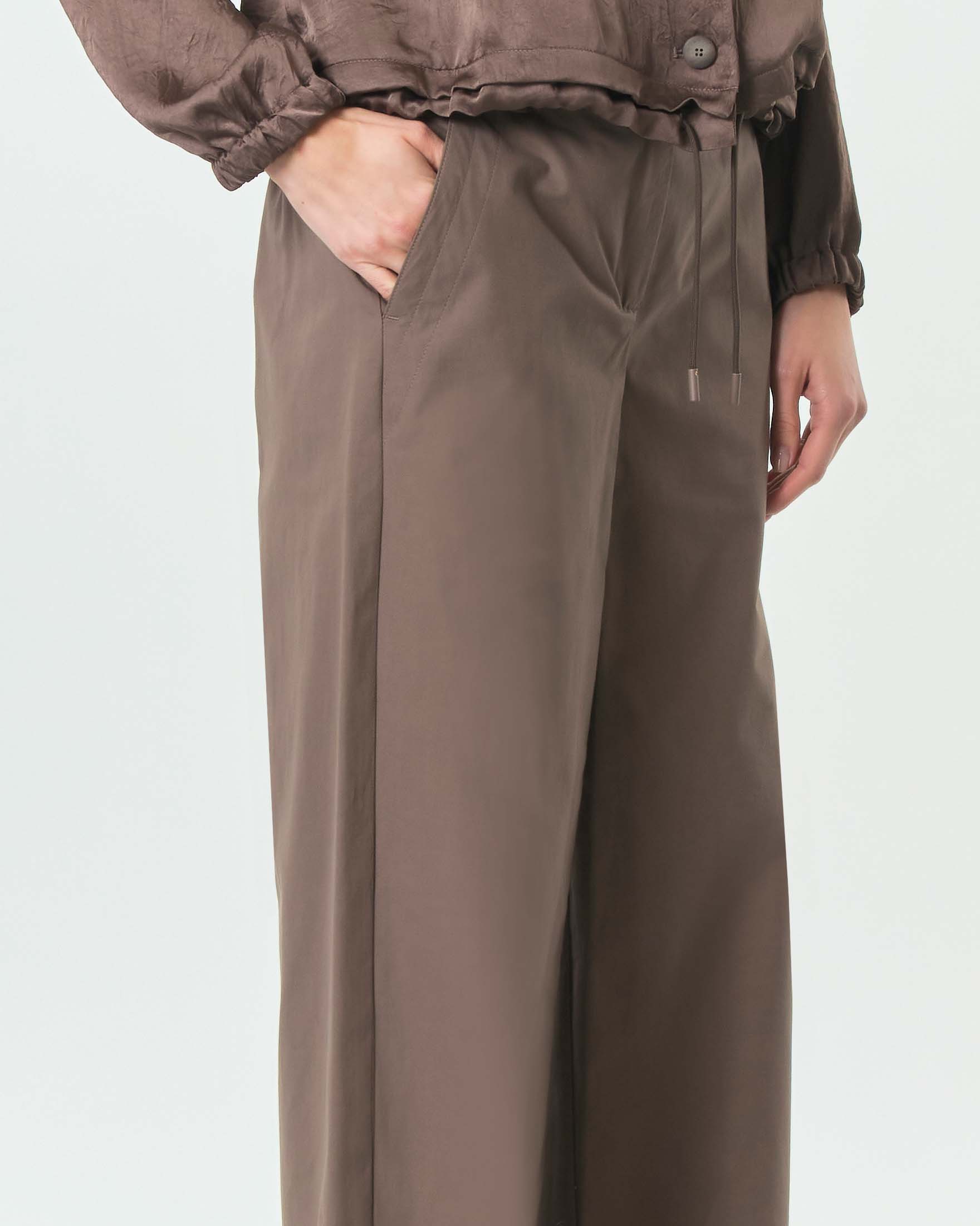 Pantaloni dritti Marella Monochrome color moro in puro cotone con cintura in tessuto abbinato image