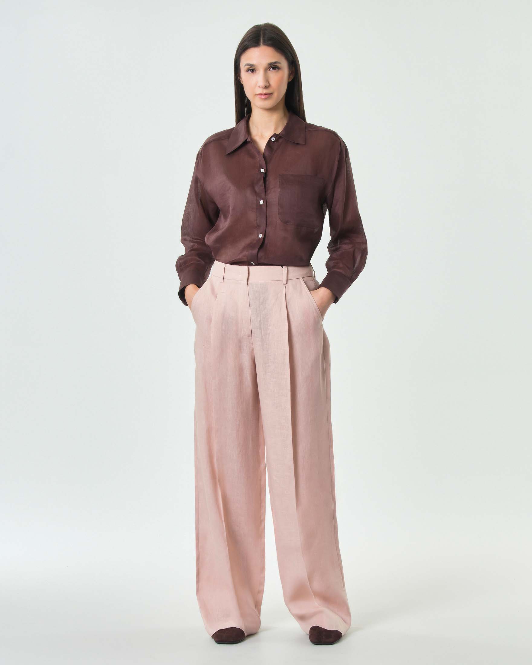 Pantaloni dritti Marella Sport color cipria in puro lino dalla linea sartoriale
