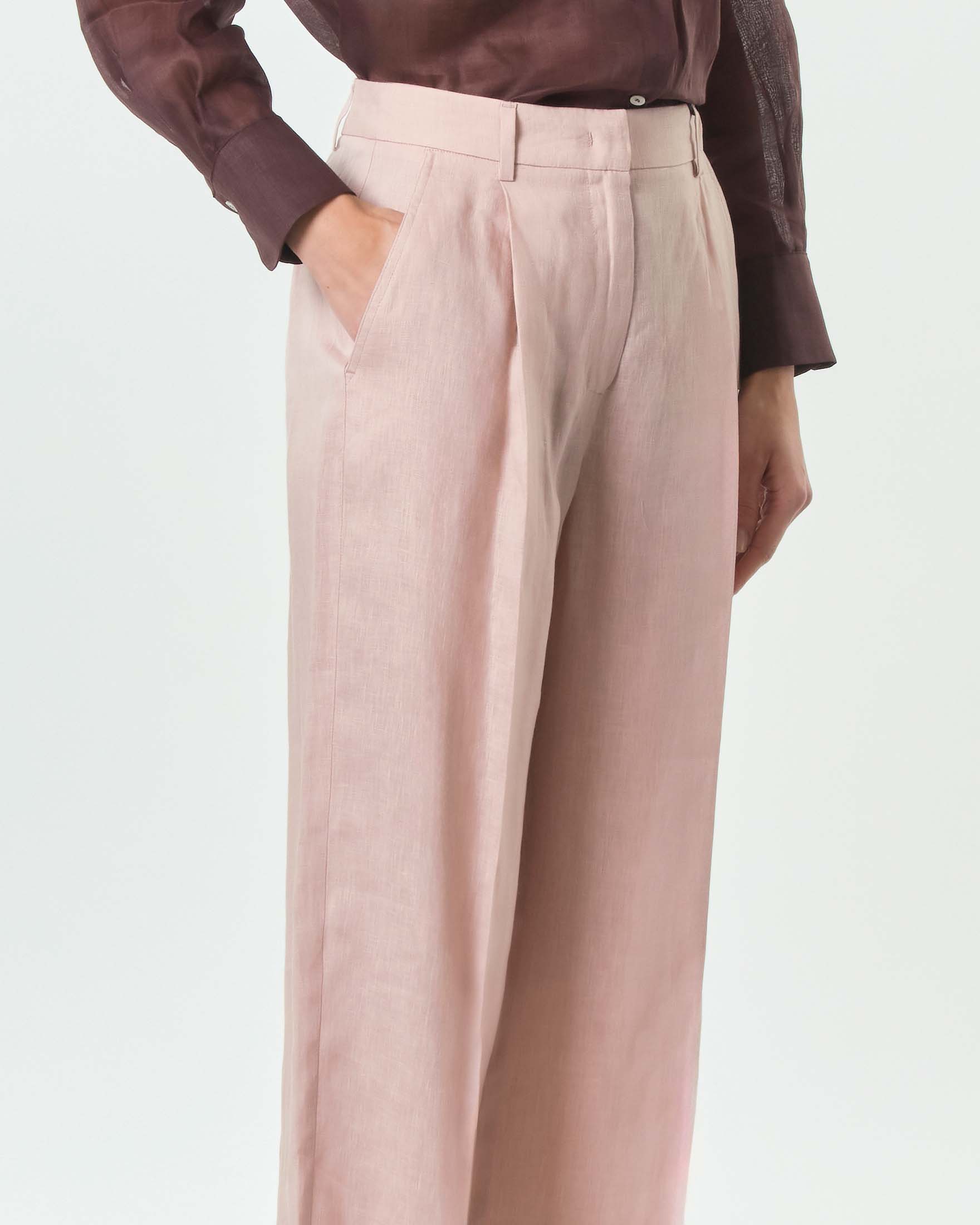 Pantaloni dritti Marella Sport color cipria in puro lino dalla linea sartoriale image