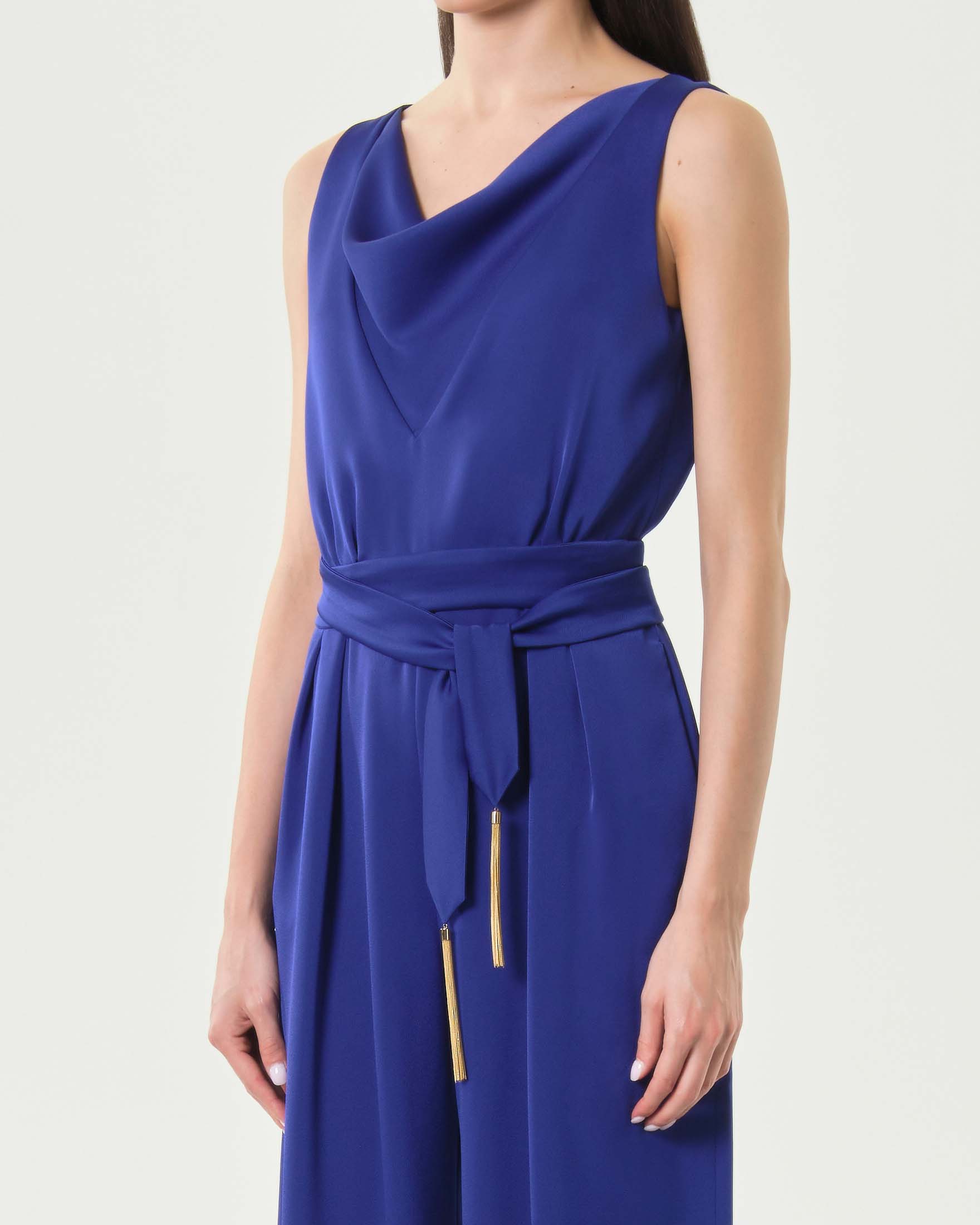 Tuta smanicata Max Mara Elegante blu in satin con scollo drappeggiato e pantalone fluido image