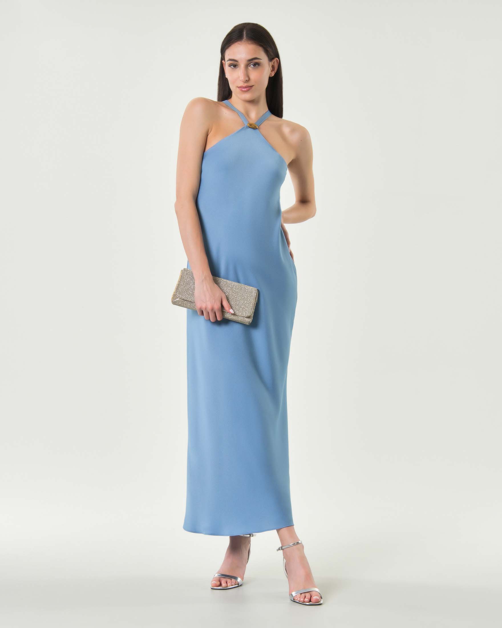 Abito lungo Max Mara Elegante azzurro asimmetrico con scollo all'americana e dettaglio gioiello