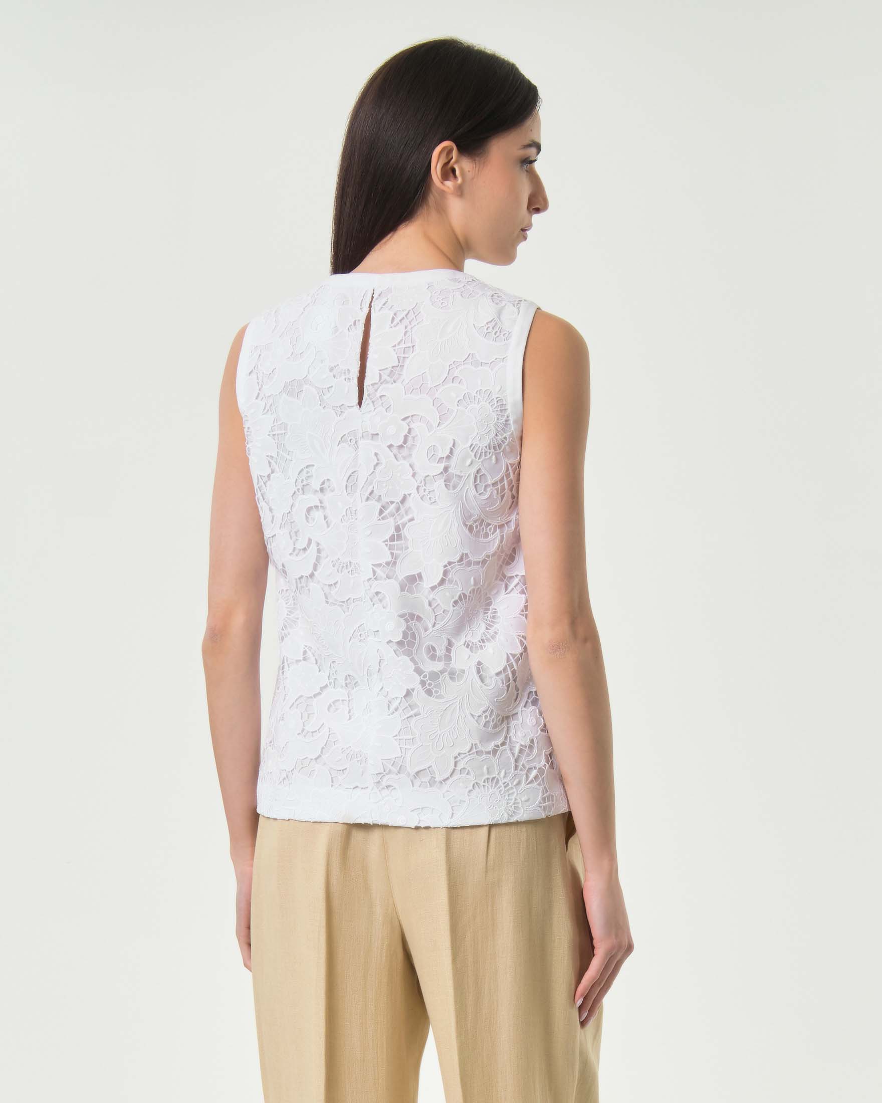 Top smanicato Max Mara Elegante bianco con pizzo e apertura a goccia sul retro