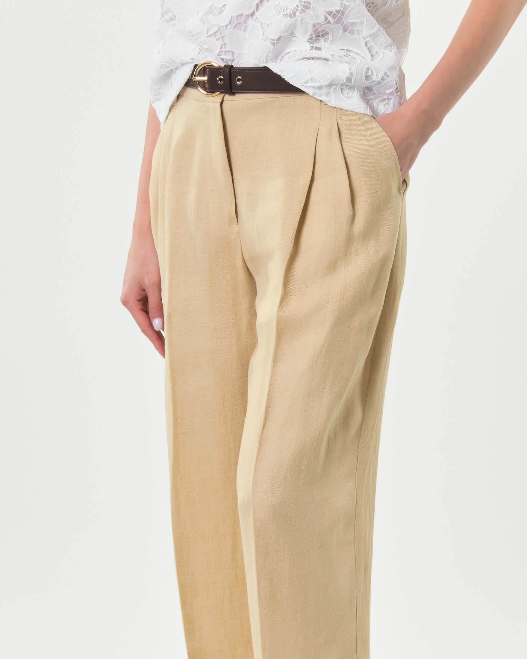 Pantalone wide leg Max Mara Studio beige in lino délavé con piega stirata e cintura abbinata
