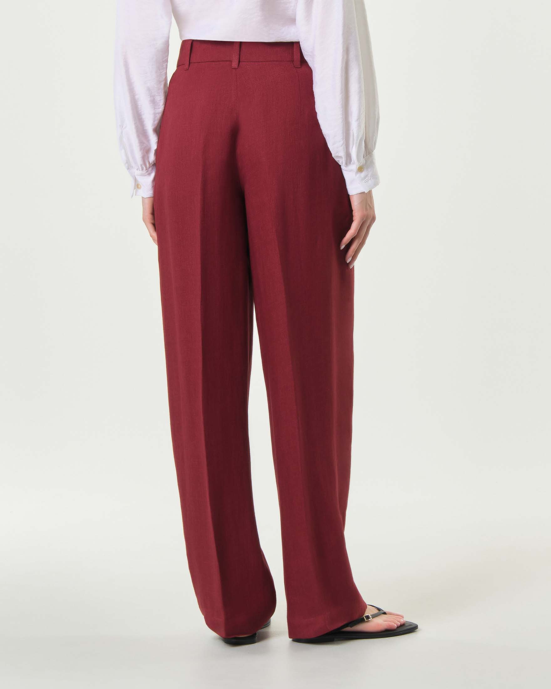 Pantalone wide leg Max Mara Studio rubino in lino délavé con piega stirata e cintura abbinata