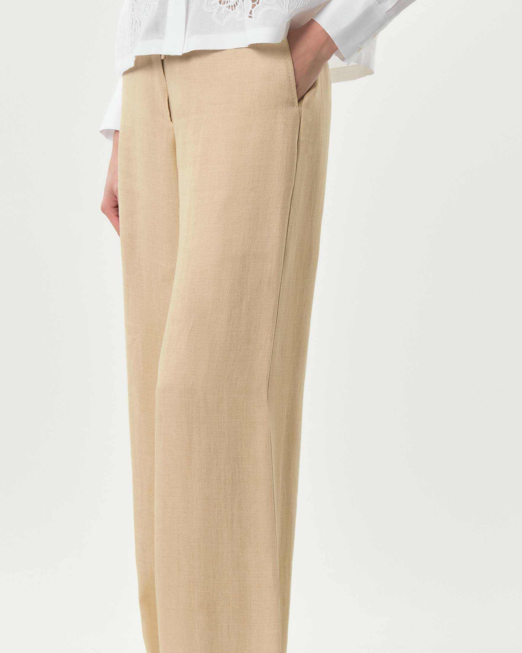 Pantalone jogger Max Mara Studio beige in batavia di lino con coulisse e chiusura con zip e patta