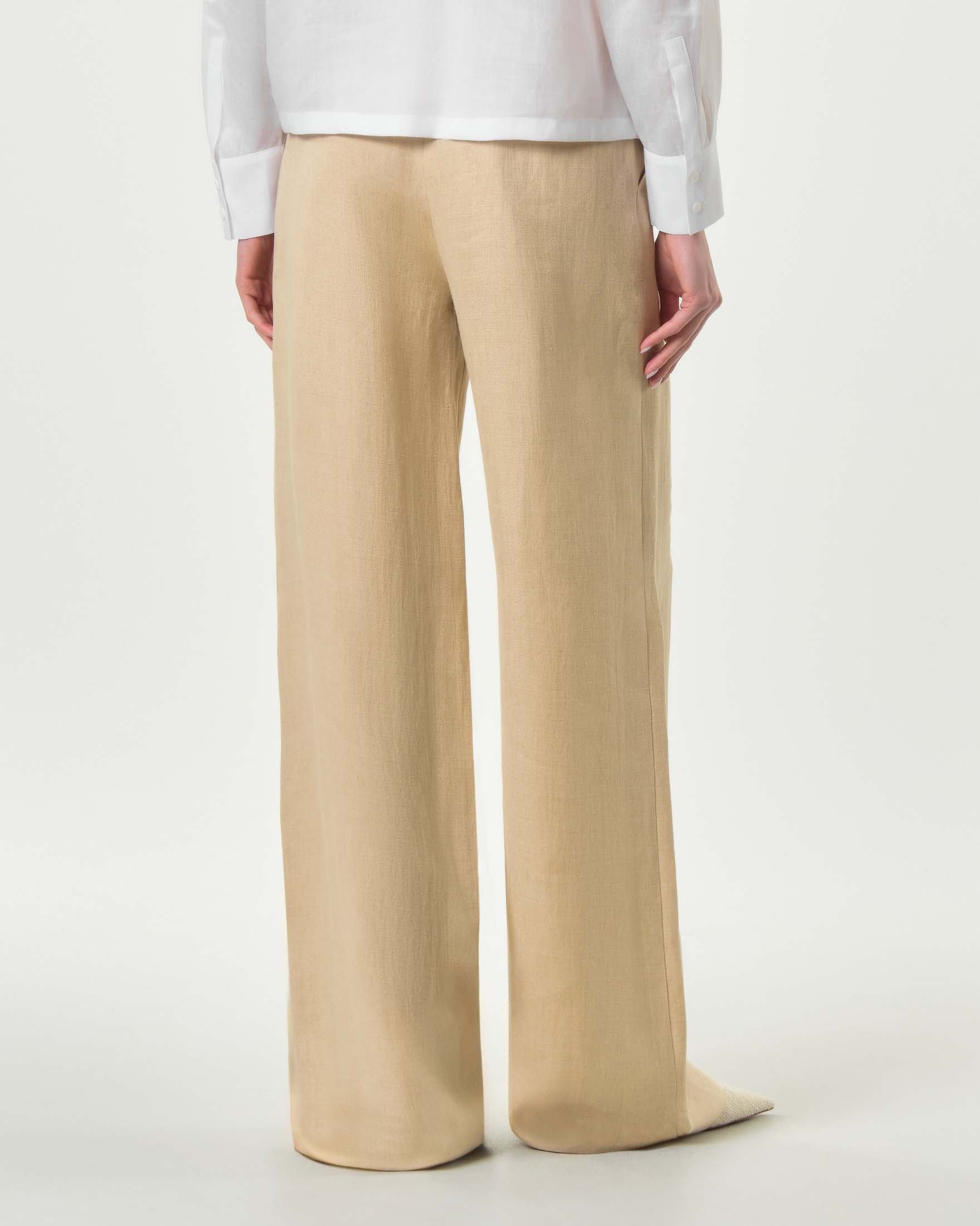 Pantalone jogger Max Mara Studio beige in batavia di lino con coulisse e chiusura con zip e patta