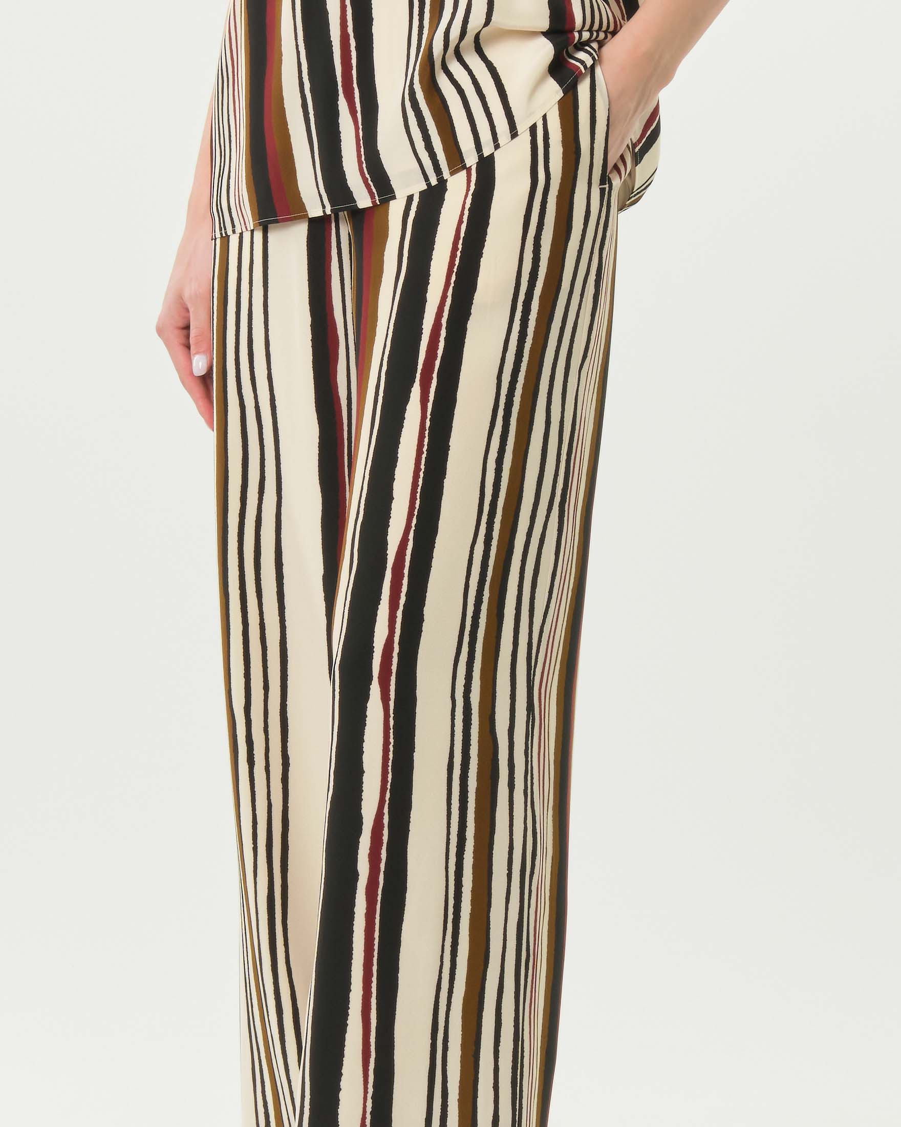 Pantalone a palazzo Max Mara Studio bianchi in seta a righe verticali multicolor con chiusura zip