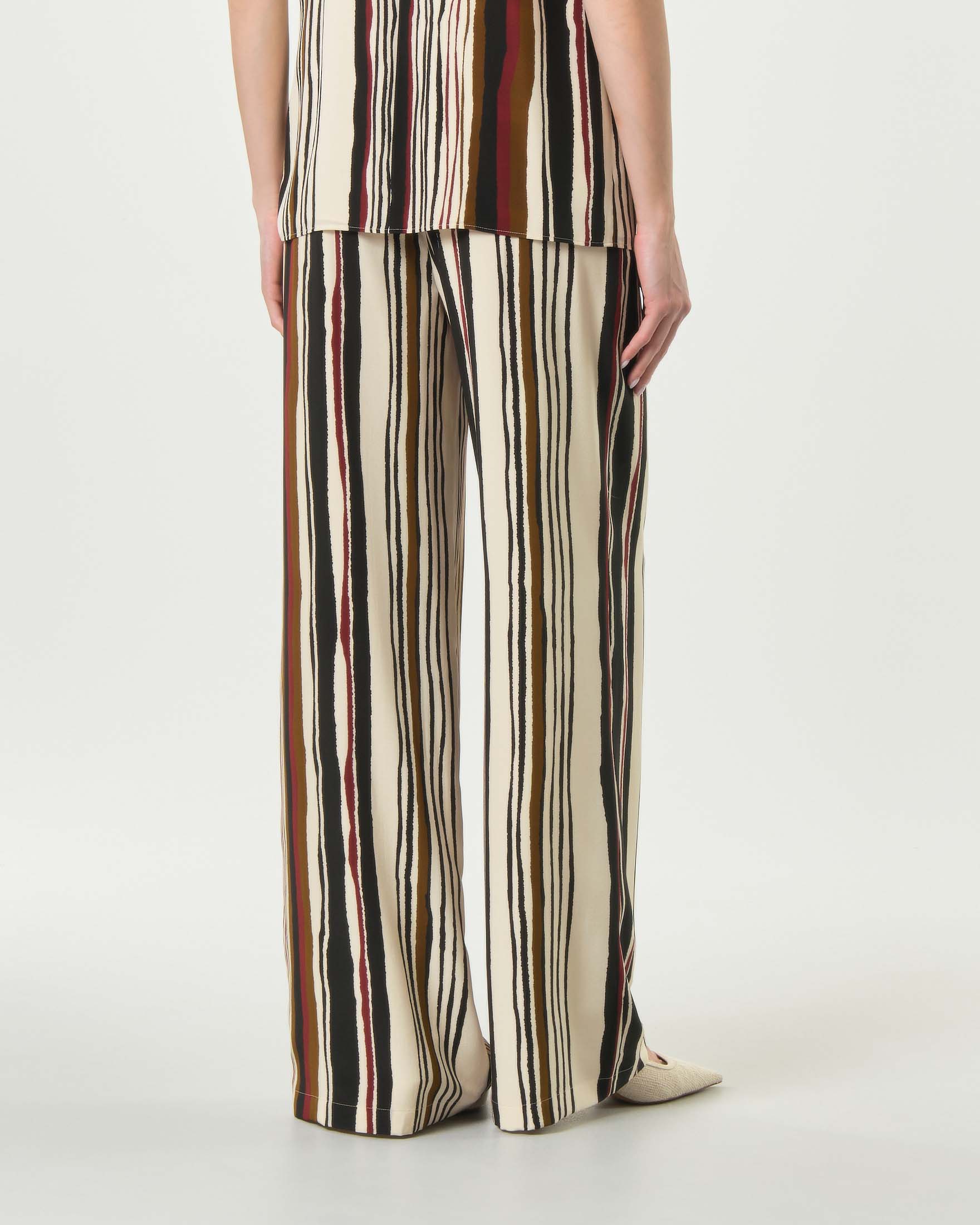 Pantalone a palazzo Max Mara Studio bianchi in seta a righe verticali multicolor con chiusura zip
