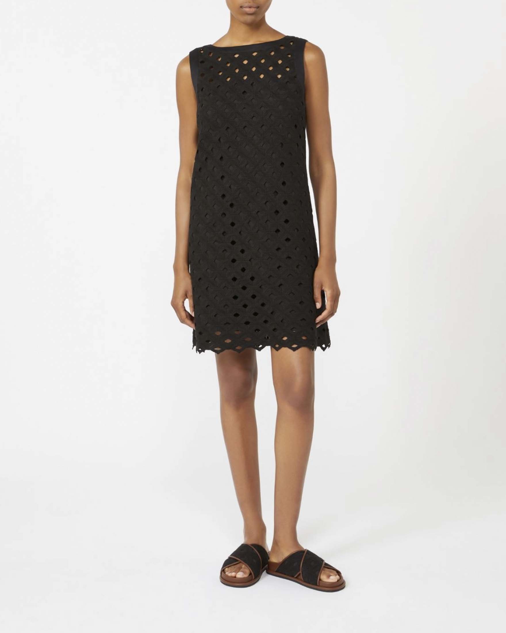 Abito corto snamicato Max Mara Beachwear nero con motivo macramé geometrico e see-through