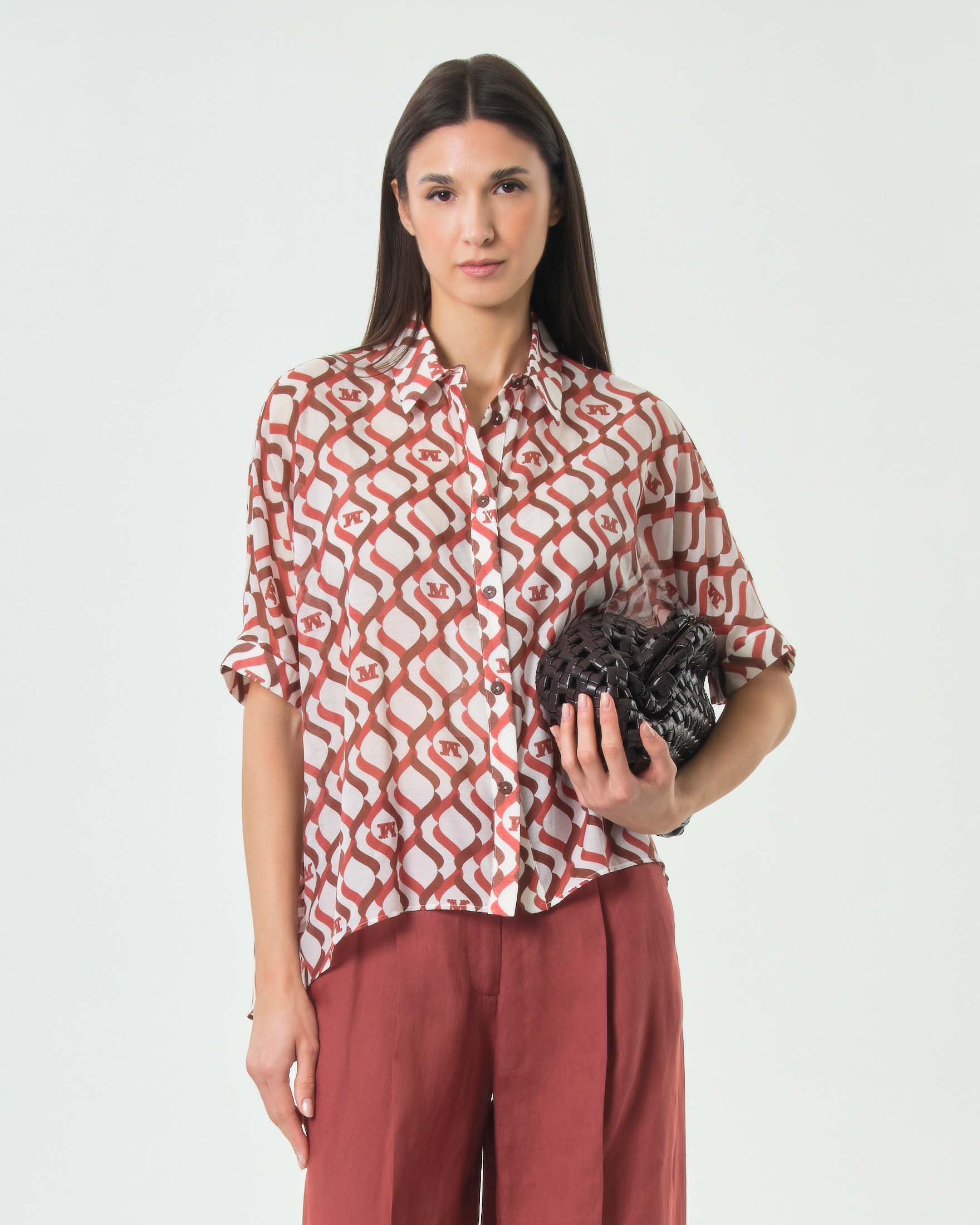 Camicia Max Mara Beachwear in misto cotone e seta con stampa geometrica coccio e arancione