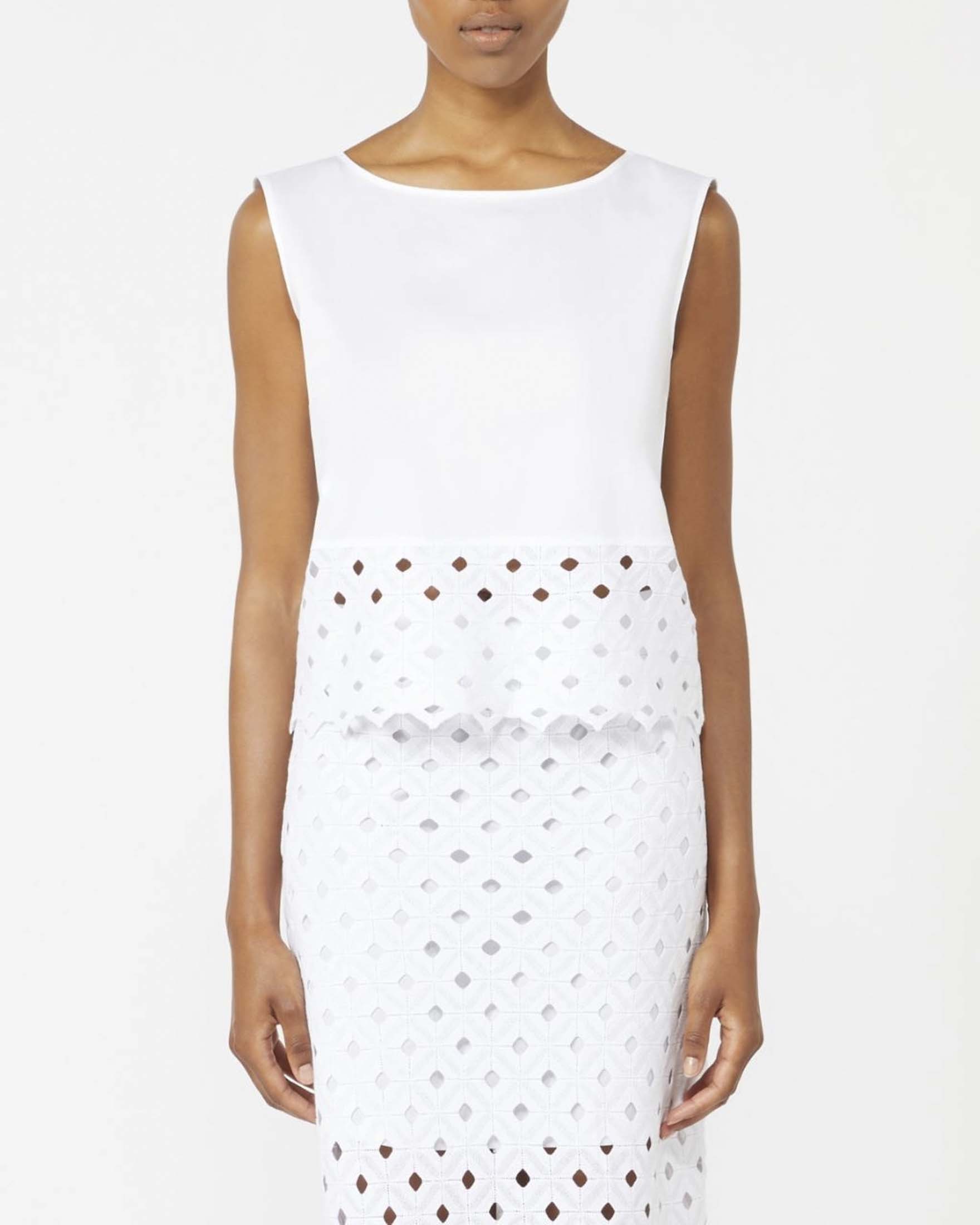Top smanicato crop Beachwear bianco in popeline e pizzo macramé