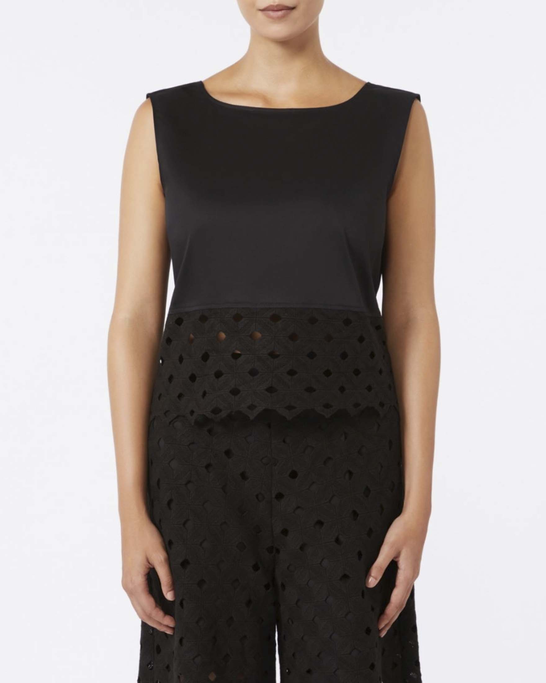 Top smanicato crop Max Mara Beachwear nero in popeline e pizzo macramé