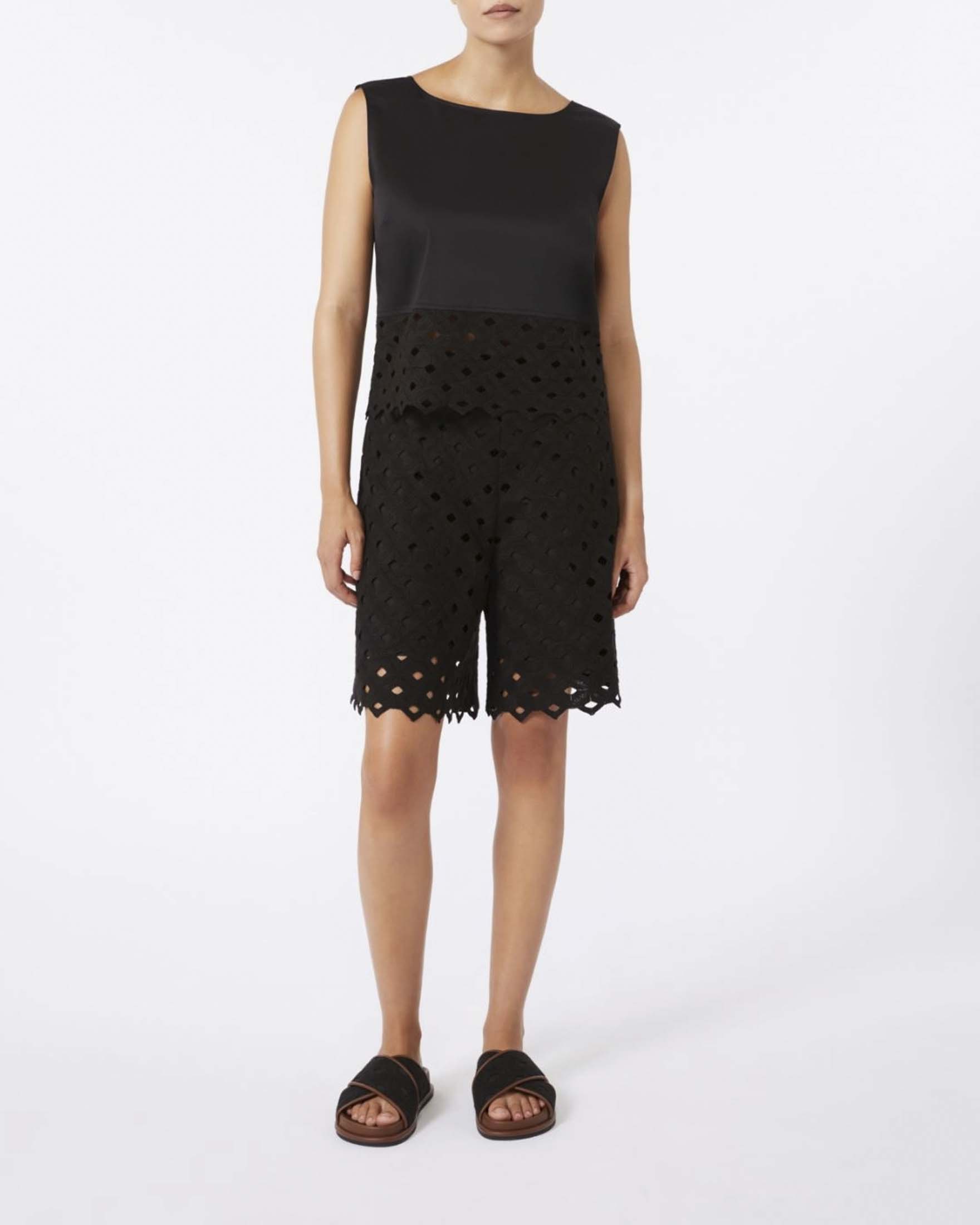 Top smanicato crop Max Mara Beachwear nero in popeline e pizzo macramé image
