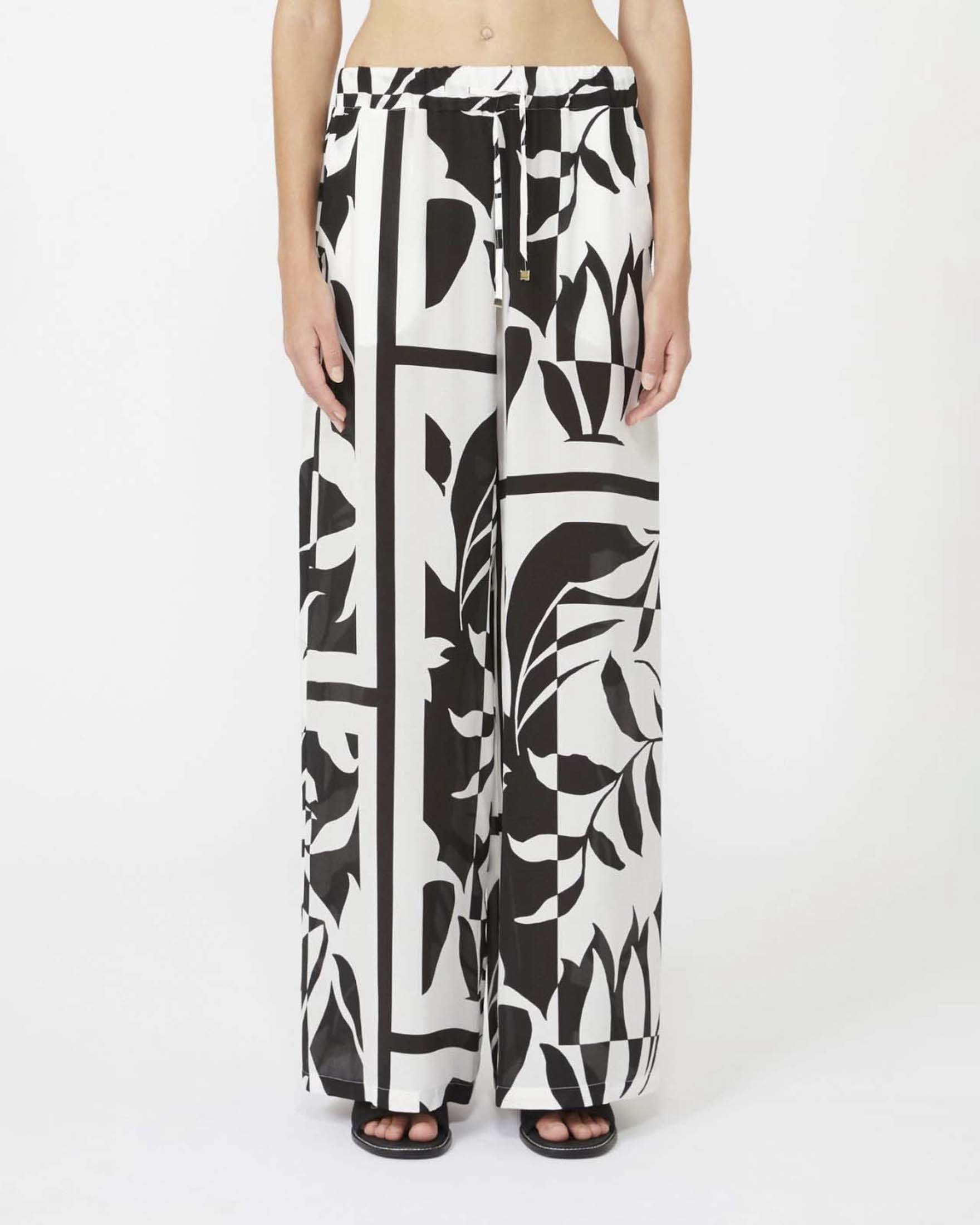 Pantaloni a palazzo Max Mara Beachwear bianco in seta stampata a contrasto image