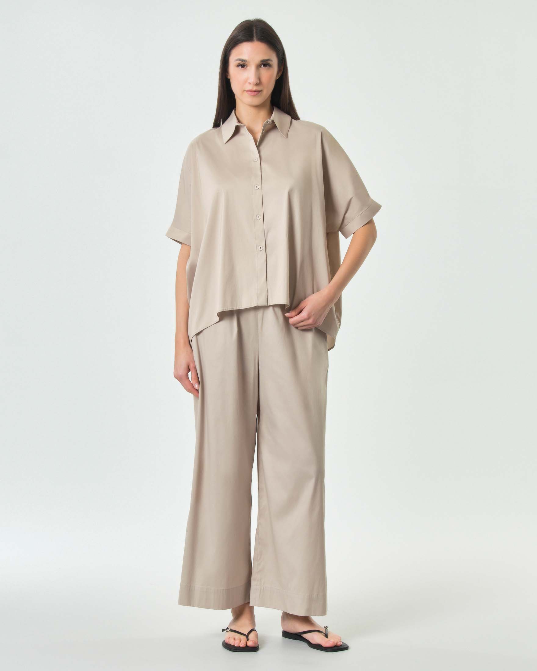 Pantaloni cropped ampio Max Mara Beachwear sabbia in popeline stretch con vita elasticizzata