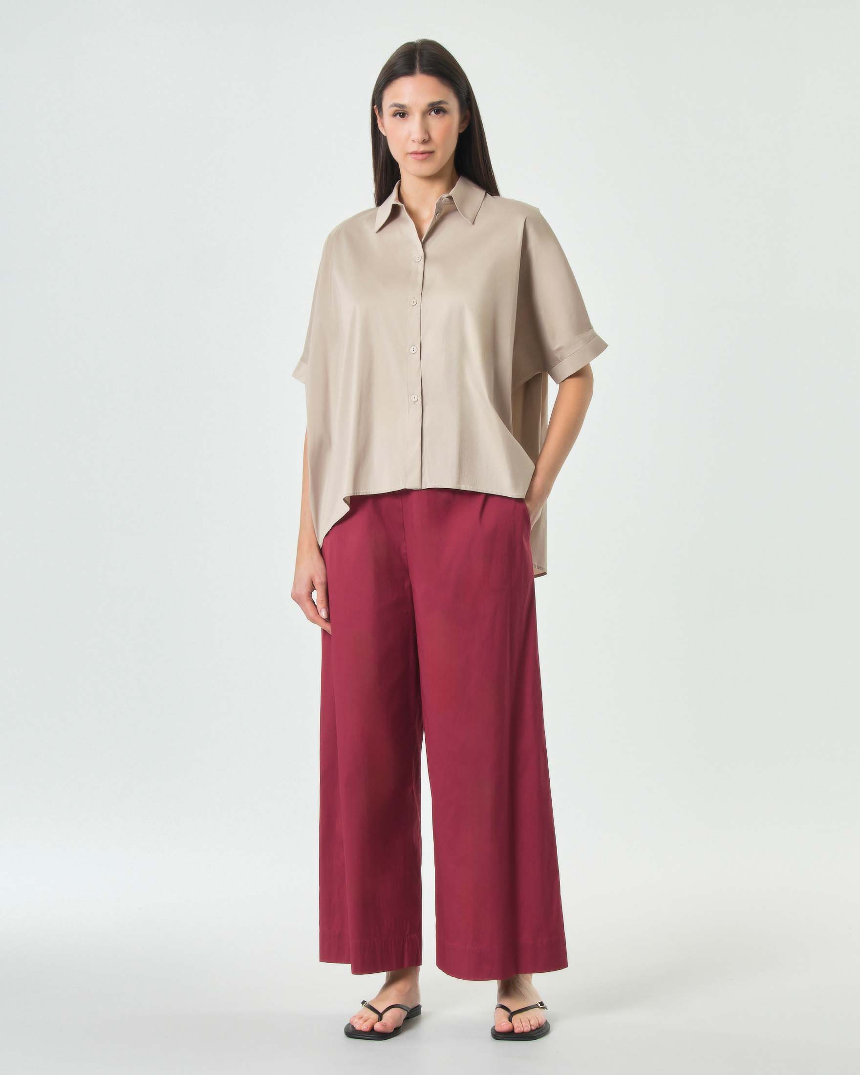 Pantaloni cropped ampio Max Mara Beachwear rubino in popeline stretch con vita elasticizzata