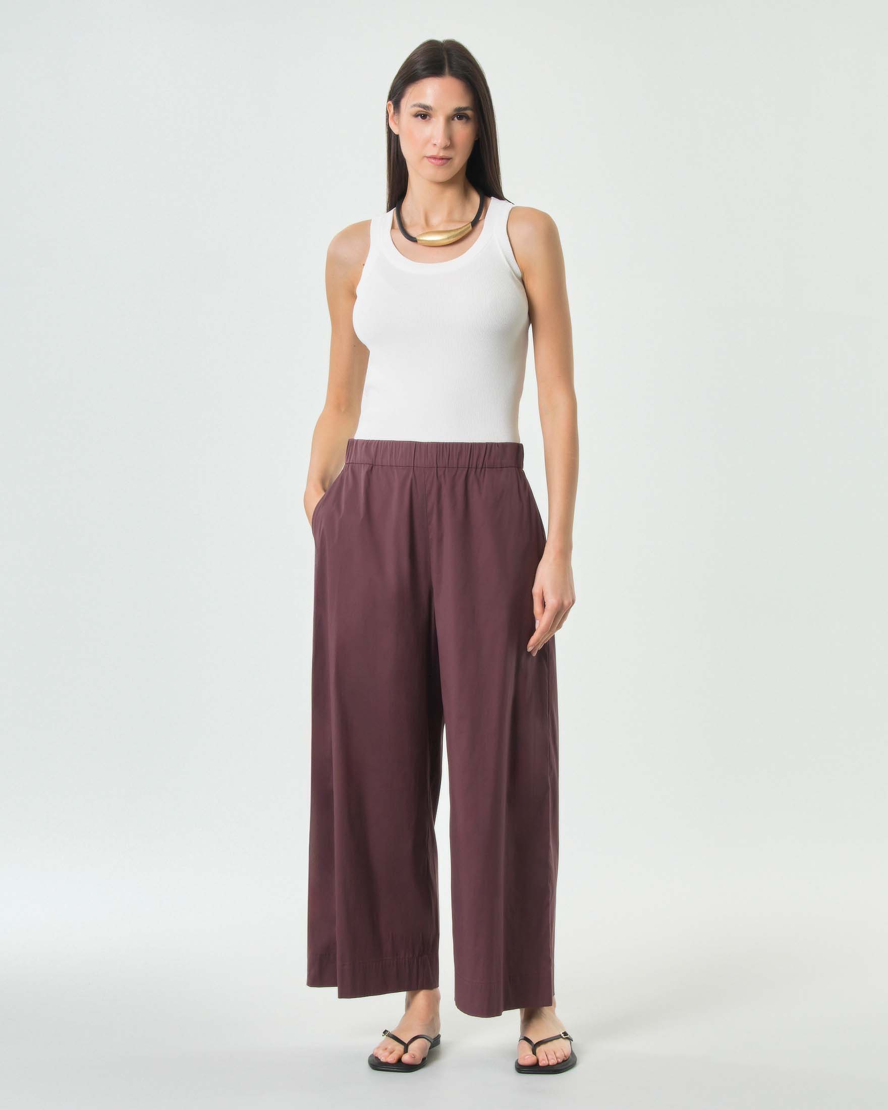 Pantaloni cropped ampio Max Mara Beachwear viola in popeline stretch con vita elasticizzata