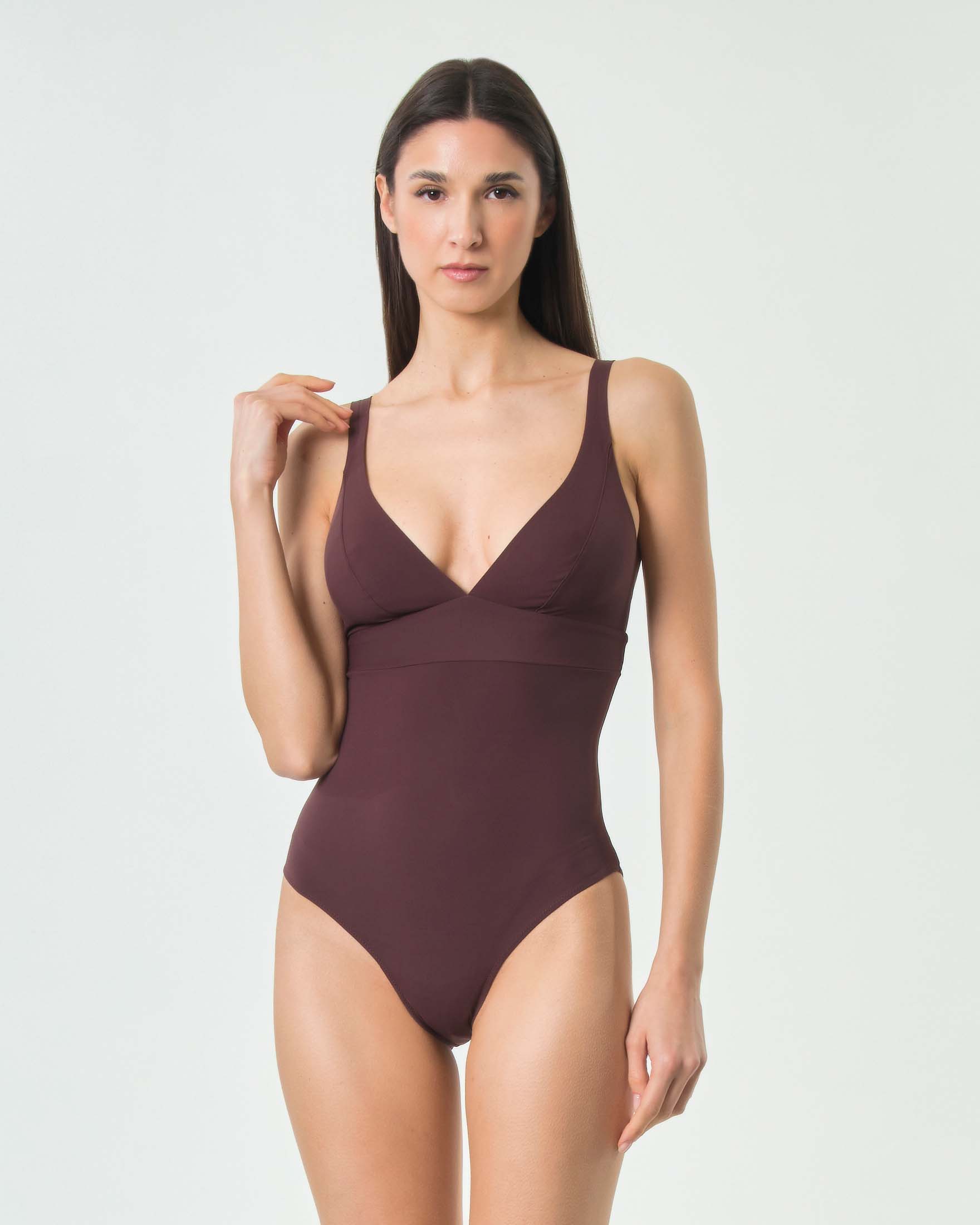Costume intero Max Mara Beachwear viola con scollo a V e spalline regolabili