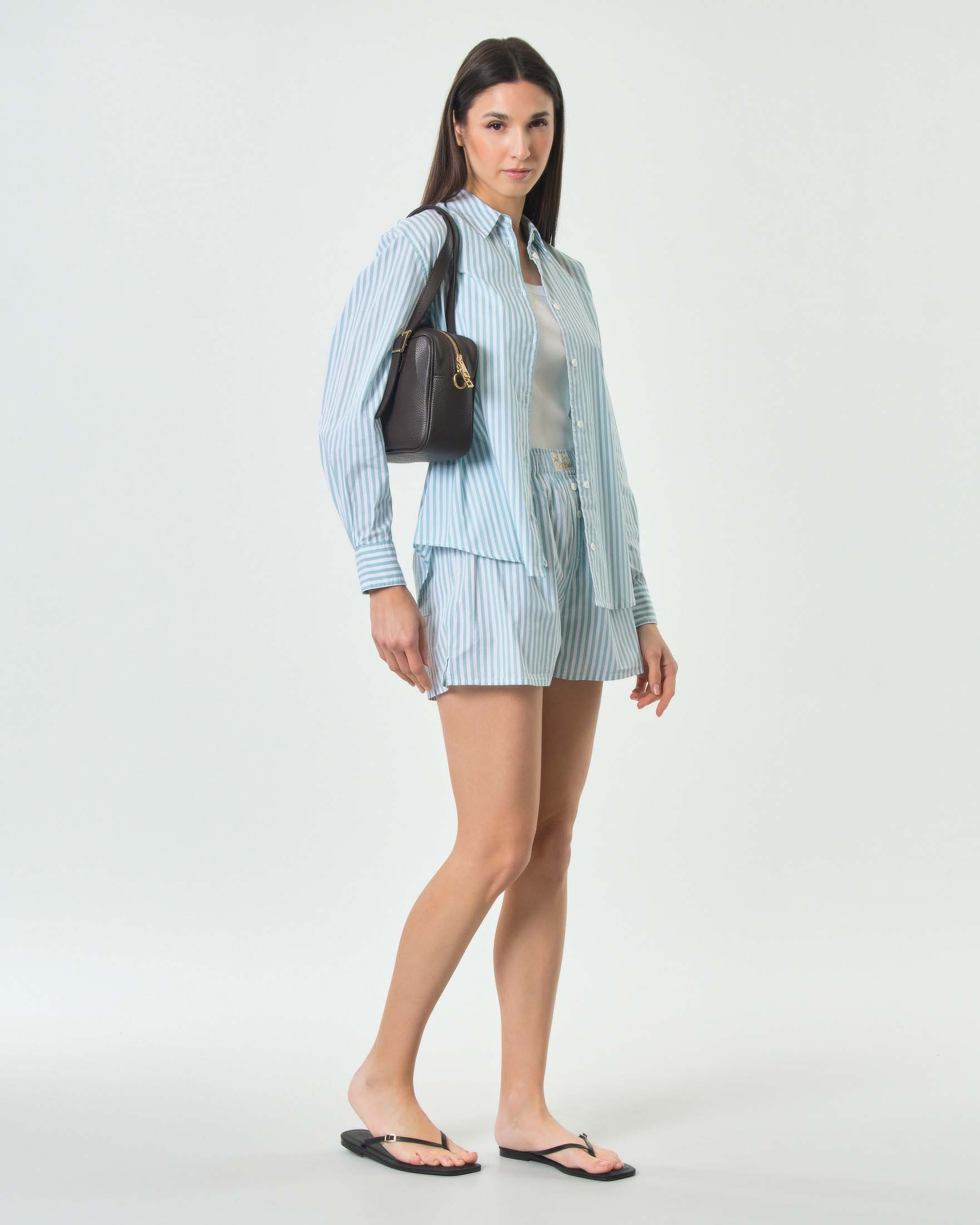 Shorts Boxy MC2 Saint Barth salvia a righe bianche in cotone con vita elasticizzata e tasche