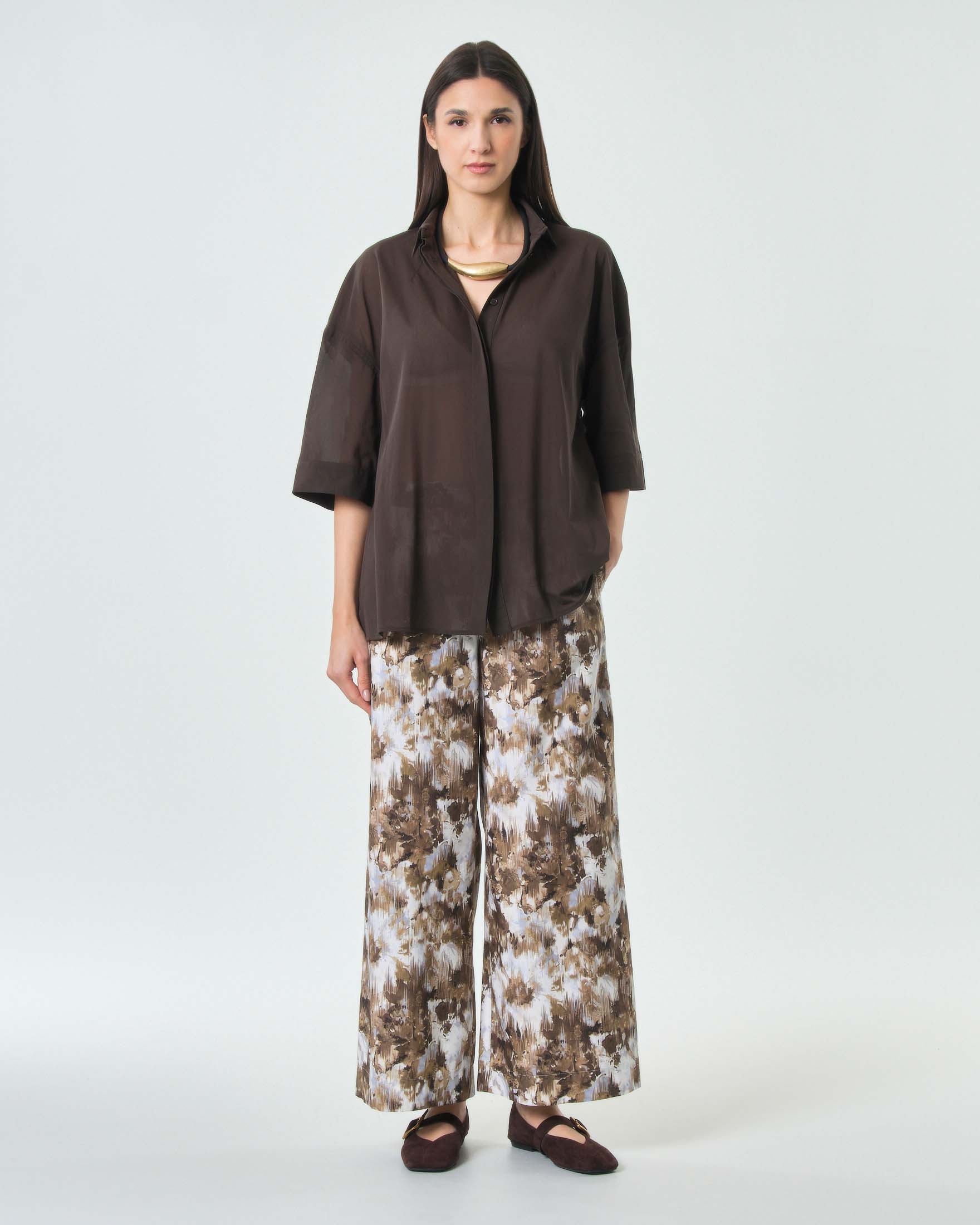 Pantalone wide MM Max Mara marrone in popeline di puro cotone stampato con vita elasticizzata